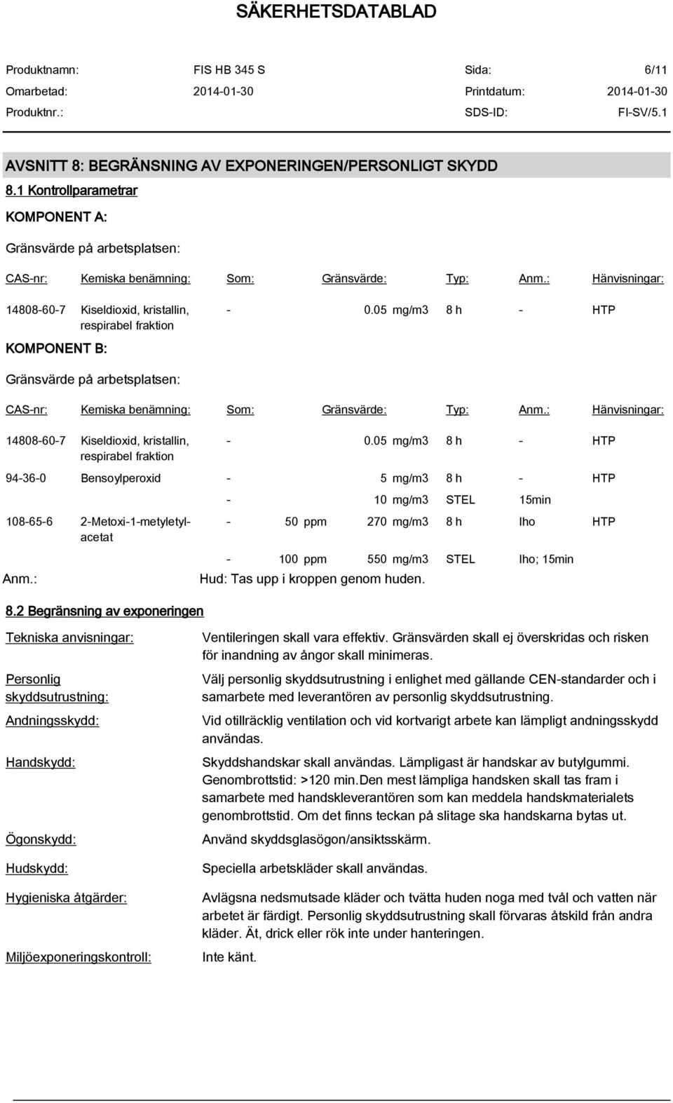 : Hänvisningar: 14808-60-7 Kiseldioxid, kristallin, respirabel fraktion - 0.05 mg/m3 8 h - HTP 94-36-0 Bensoylperoxid - 5 mg/m3 8 h - HTP 108-65-6 2-Metoxi-1-metyletylacetat Anm.: 8.