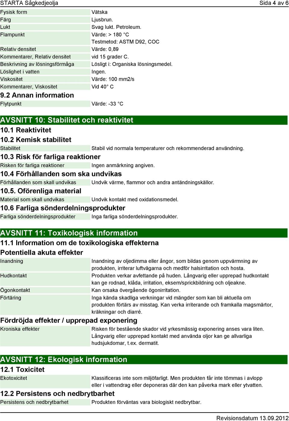 Löslighet i vatten Ingen. Viskositet Värde: 100 mm2/s Kommentarer, Viskositet Vid 40 C 9.2 Annan information Flytpunkt Värde: -33 C AVSNITT 10: Stabilitet och reaktivitet 10.1 Reaktivitet 10.