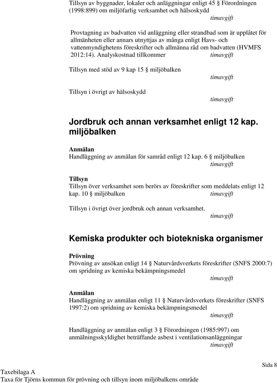 Analyskostnad tillkommer med stöd av 9 kap 15 miljöbalken i övrigt av hälsoskydd Jordbruk och annan verksamhet enligt 12 kap. miljöbalken Handläggning av anmälan för samråd enligt 12 kap.