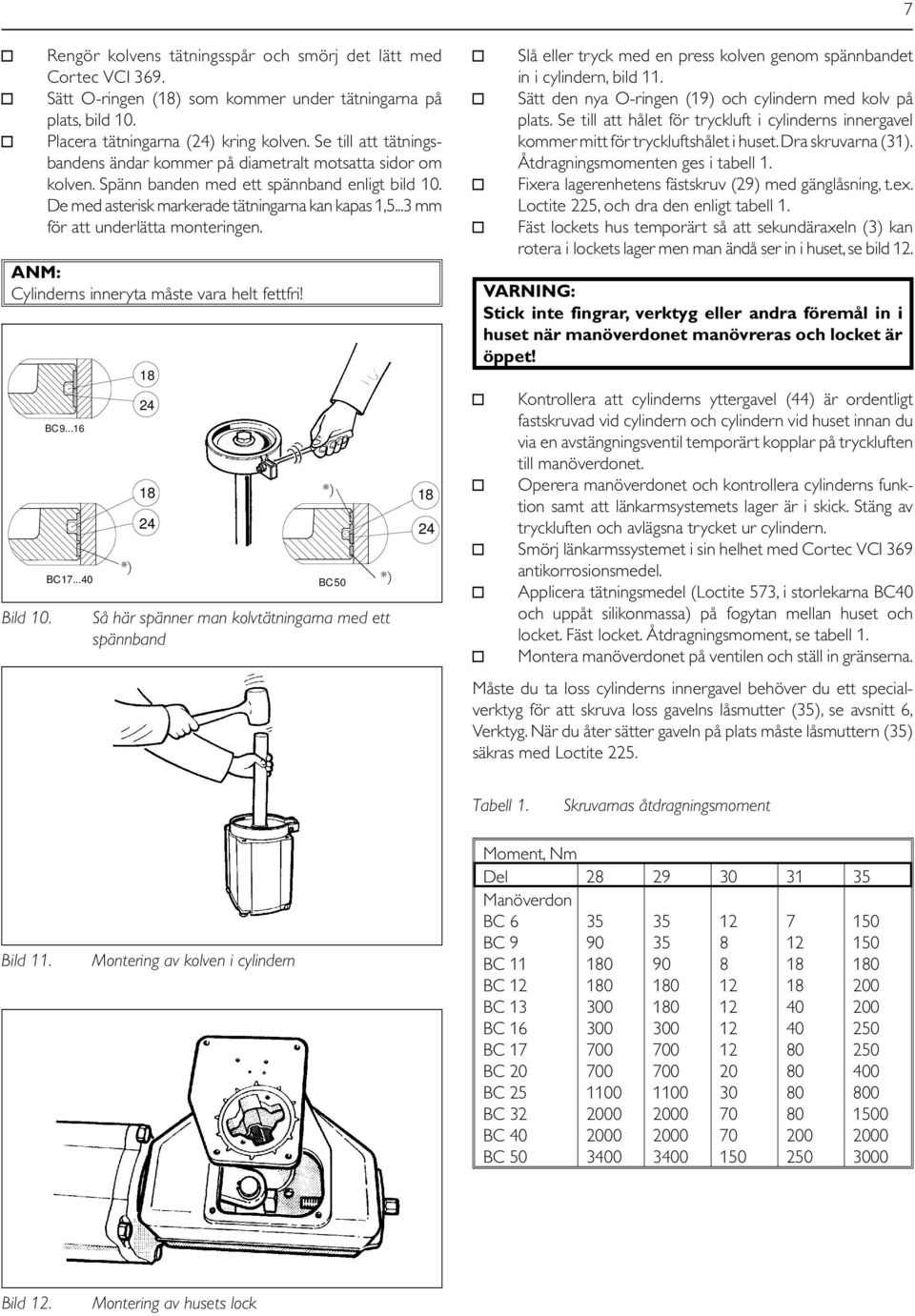 ..3 mm för att underlätta monteringen. ANM: Cylinderns inneryta måste vara helt fettfri! Bild 10. BC9...16 BC17.