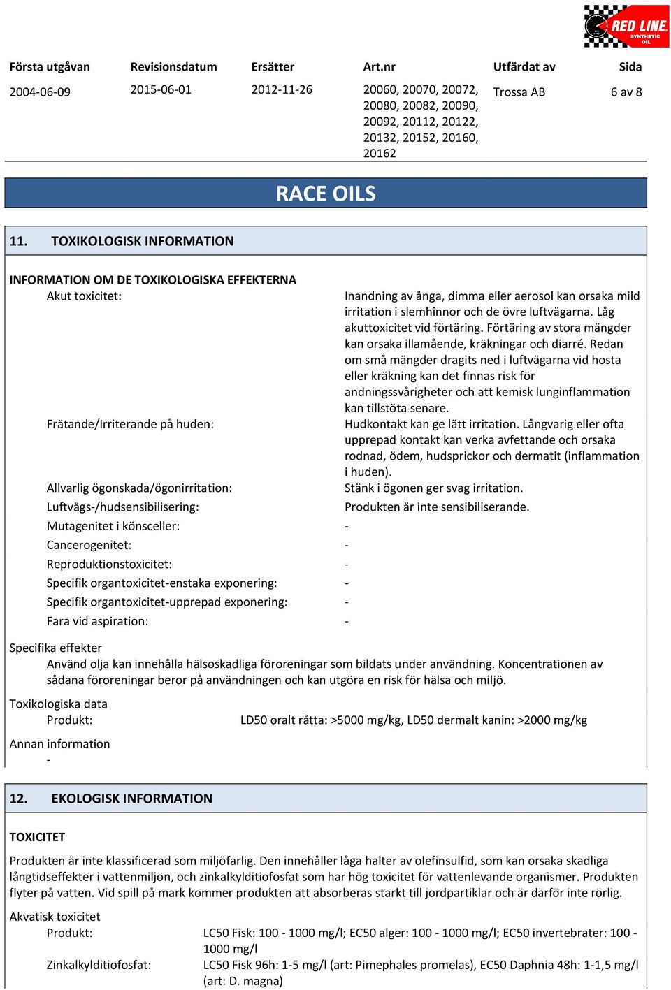 könsceller: Cancerogenitet: Reproduktionstoxicitet: Specifik organtoxicitetenstaka exponering: Specifik organtoxicitetupprepad exponering: Fara vid aspiration: Inandning av ånga, dimma eller aerosol