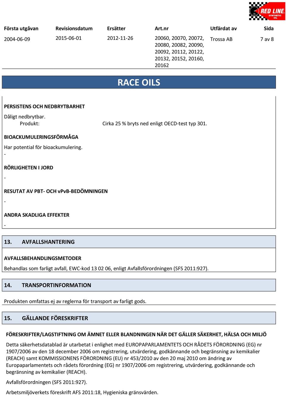 AVFALLSHANTERING AVFALLSBEHANDLINGSMETODER Behandlas som farligt avfall, EWCkod 13 02 06, enligt Avfallsförordningen (SFS 2011:927). 14.