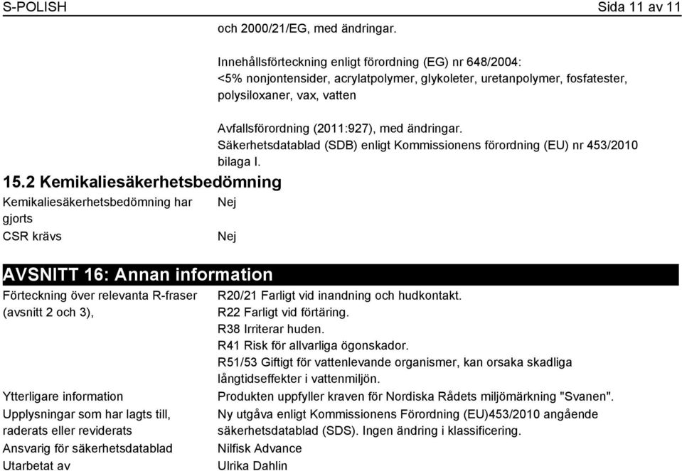 ändringar. Säkerhetsdatablad (SDB) enligt Kommissionens förordning (EU) nr 453/2010 bilaga I.