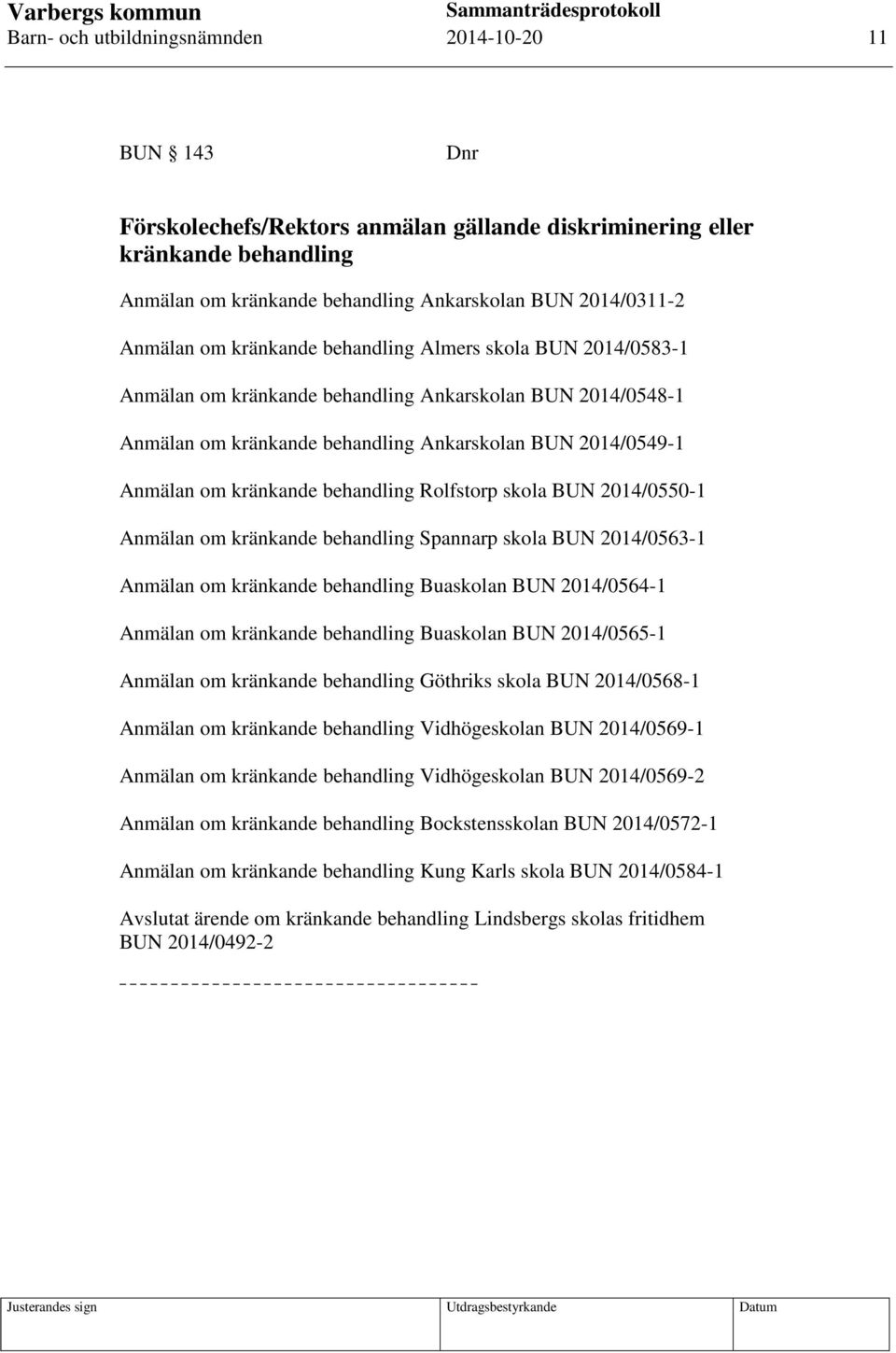 kränkande behandling Rolfstorp skola BUN 2014/0550-1 Anmälan om kränkande behandling Spannarp skola BUN 2014/0563-1 Anmälan om kränkande behandling Buaskolan BUN 2014/0564-1 Anmälan om kränkande