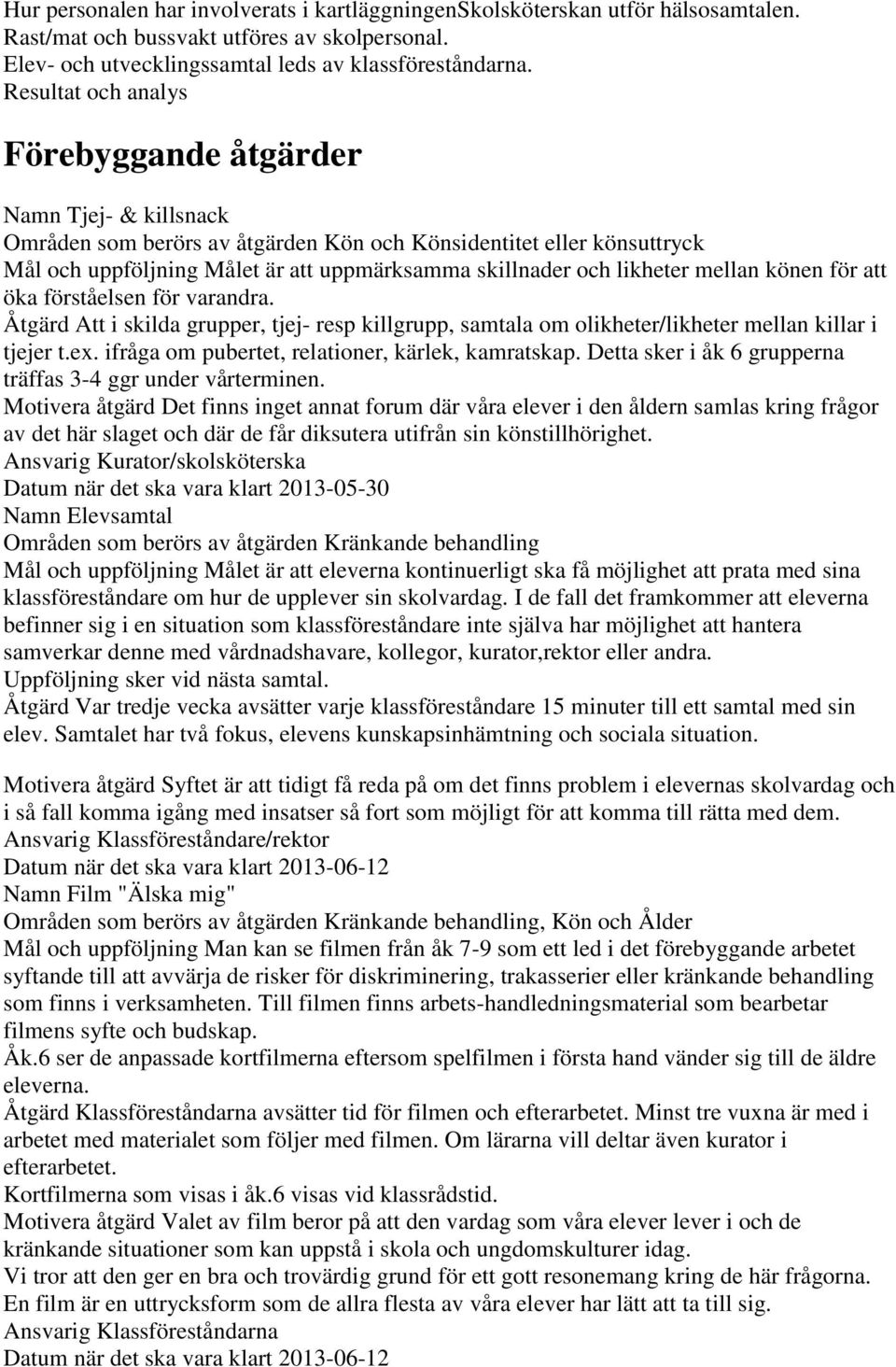 likheter mellan könen för att öka förståelsen för varandra. Åtgärd Att i skilda grupper, tjej- resp killgrupp, samtala om olikheter/likheter mellan killar i tjejer t.ex.