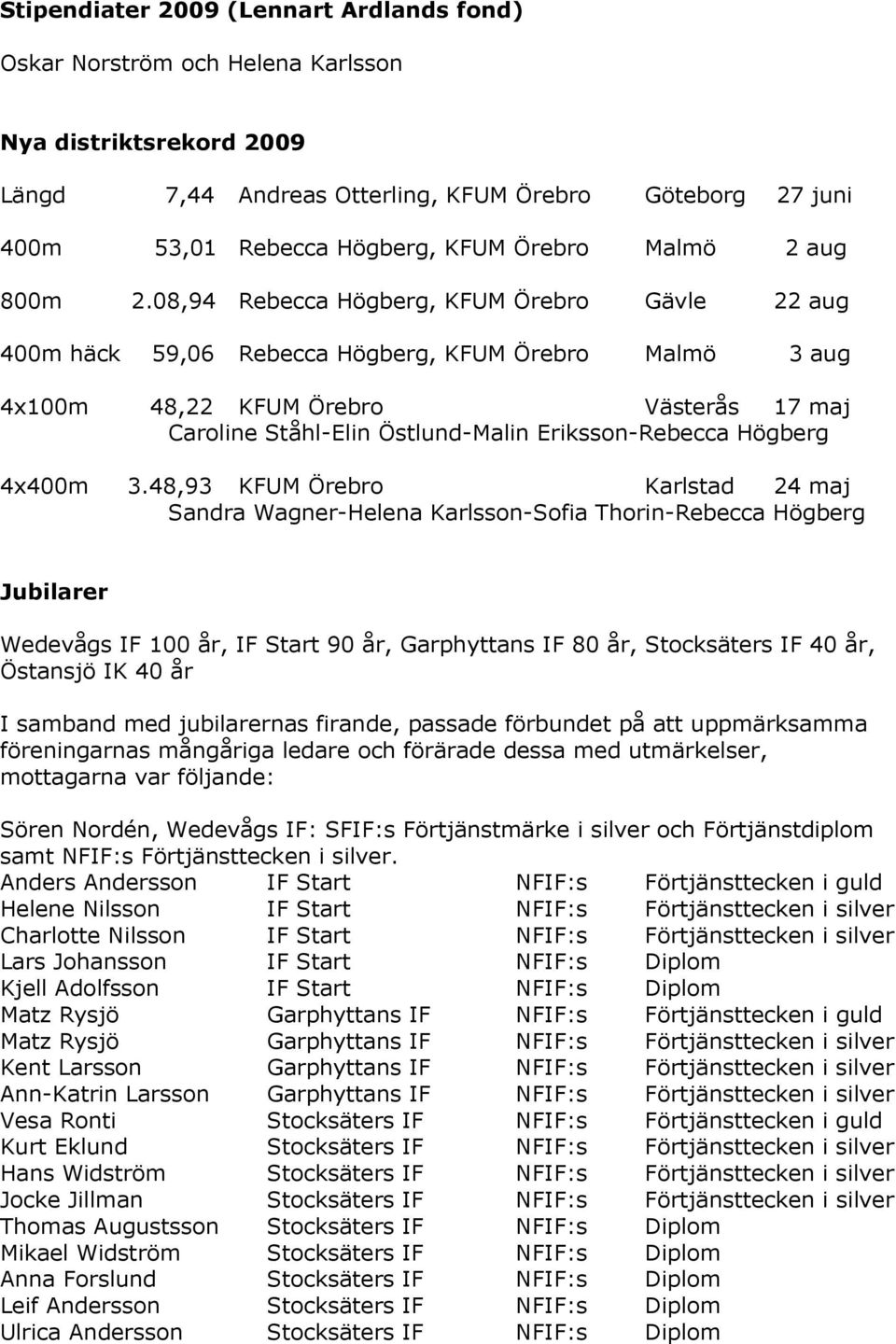 08,94 Rebecca Högberg, KFUM Örebro Gävle 22 aug 400m häck 59,06 Rebecca Högberg, KFUM Örebro Malmö 3 aug 4x100m 48,22 KFUM Örebro Västerås 17 maj Caroline Ståhl-Elin Östlund-Malin Eriksson-Rebecca