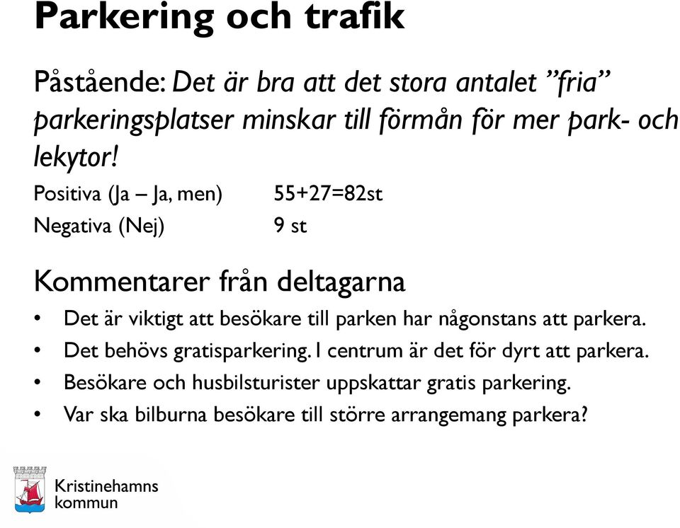 Positiva (Ja Ja, men) Negativa (Nej) 55+27=82st 9 st Kommentarer från deltagarna Det är viktigt att besökare till