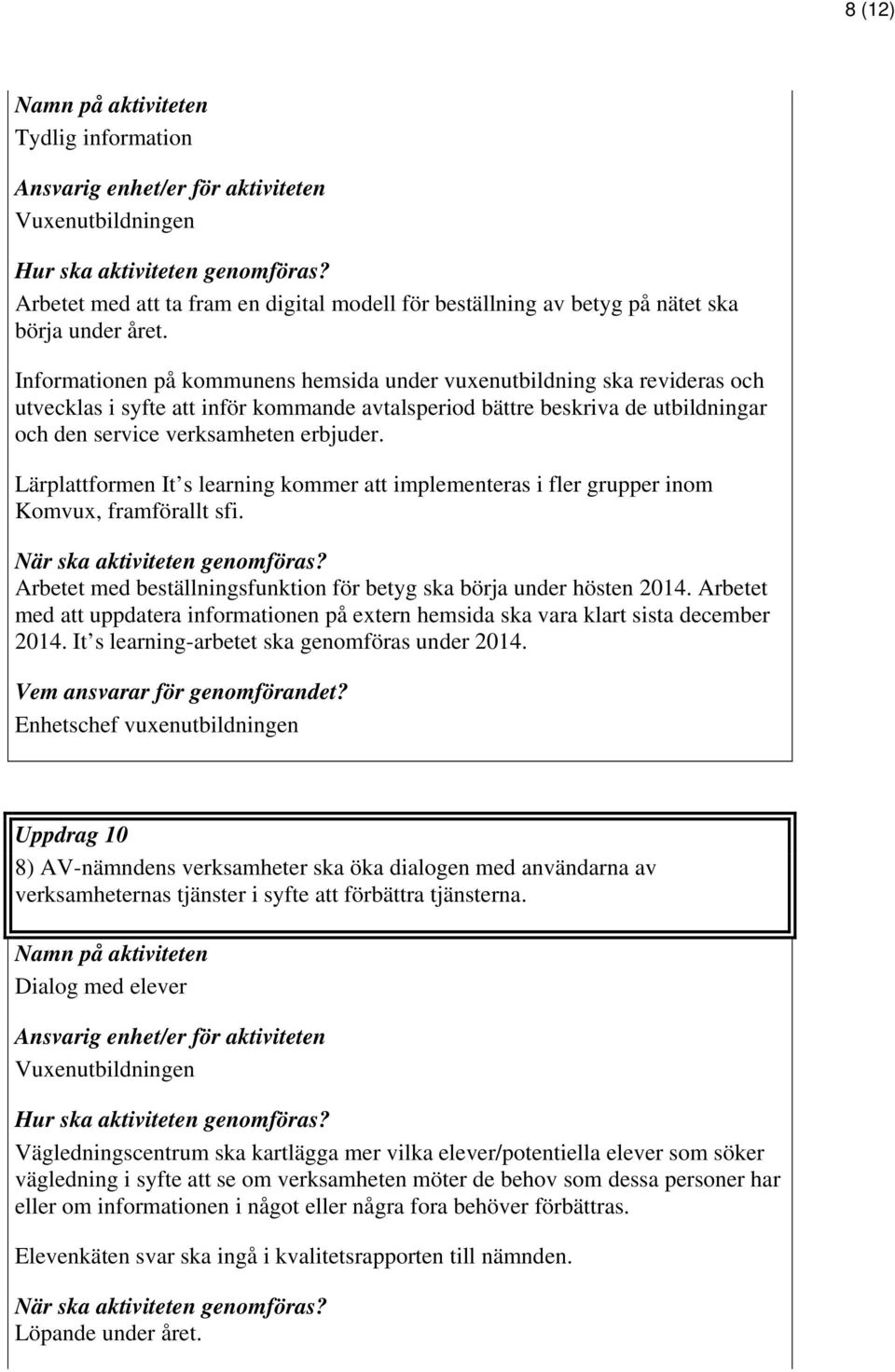 Lärplattformen It s learning kommer att implementeras i fler grupper inom Komvux, framförallt sfi. Arbetet med beställningsfunktion för betyg ska börja under hösten 2014.