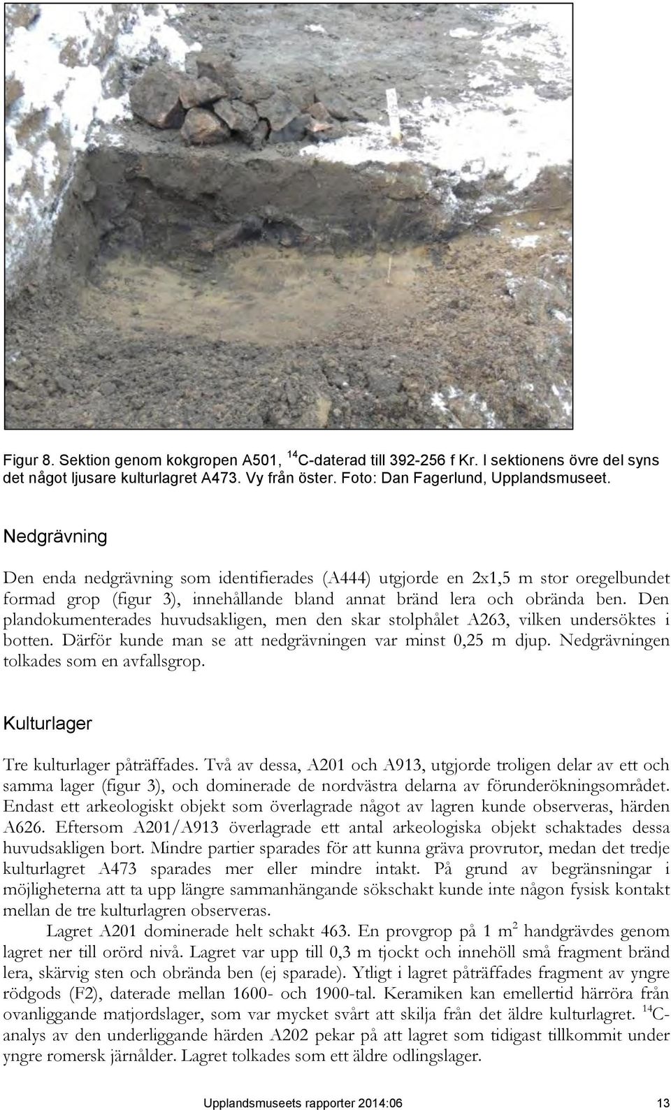 Den plandokumenterades huvudsakligen, men den skar stolphålet A263, vilken undersöktes i botten. Därför kunde man se att nedgrävningen var minst 0,25 m djup. Nedgrävningen tolkades som en avfallsgrop.