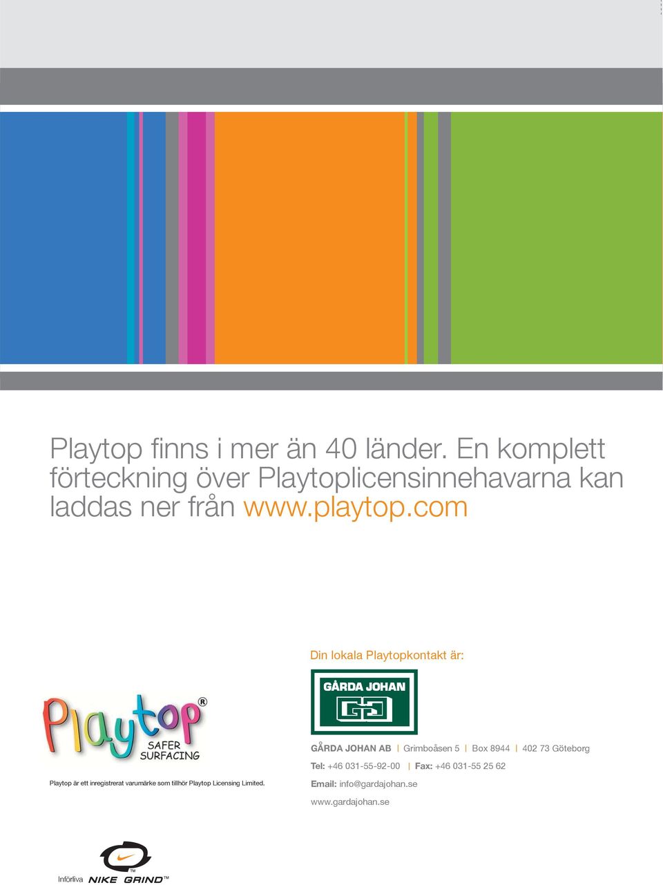 com Din lokala Playtopkontakt är: GARDA JOHAN AB Grimboasen 5 Box 8944 402 73 Goteborg Tel: +46