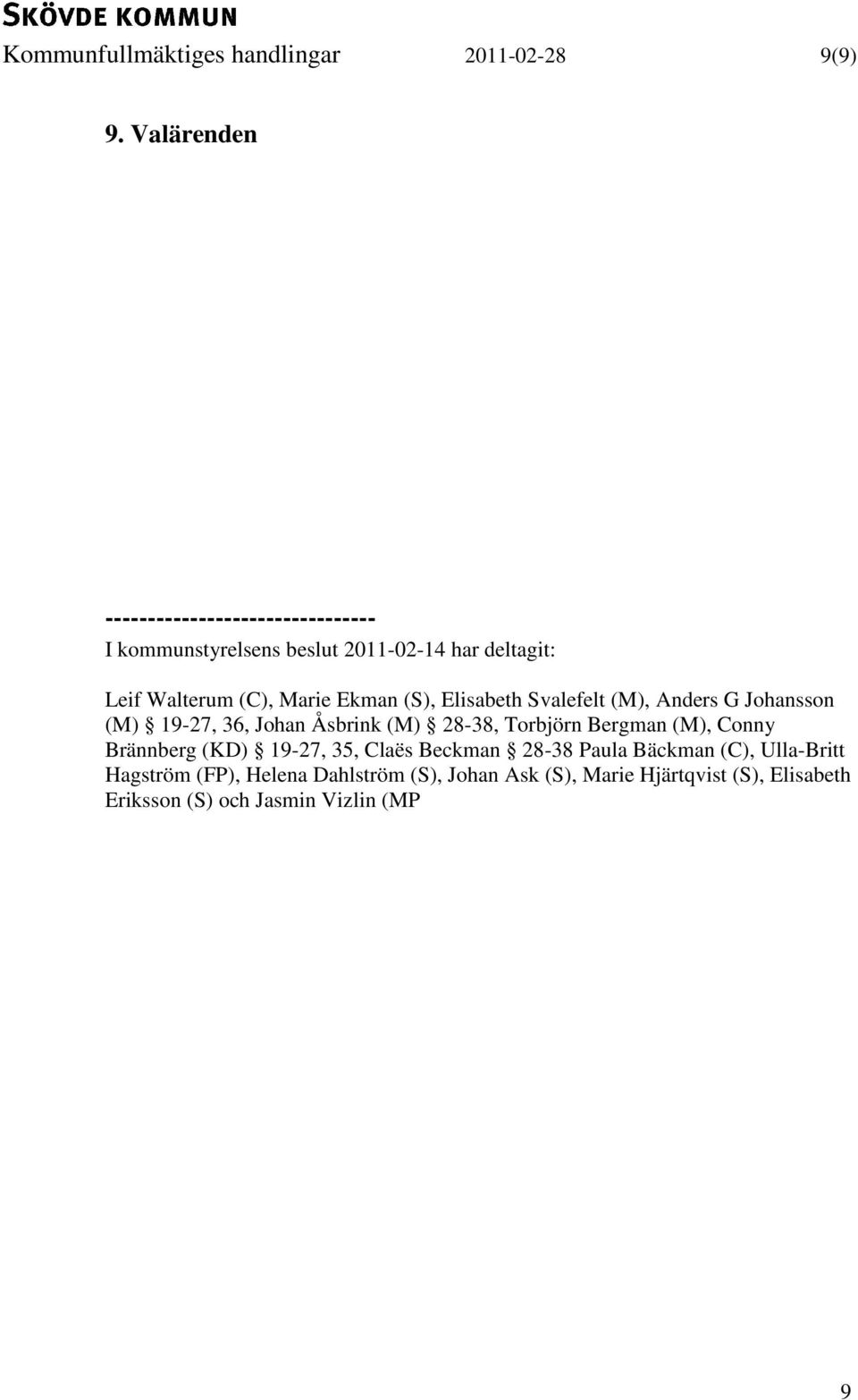 Ekman (S), Elisabeth Svalefelt (M), Anders G Johansson (M) 19-27, 36, Johan Åsbrink (M) 28-38, Torbjörn Bergman (M),