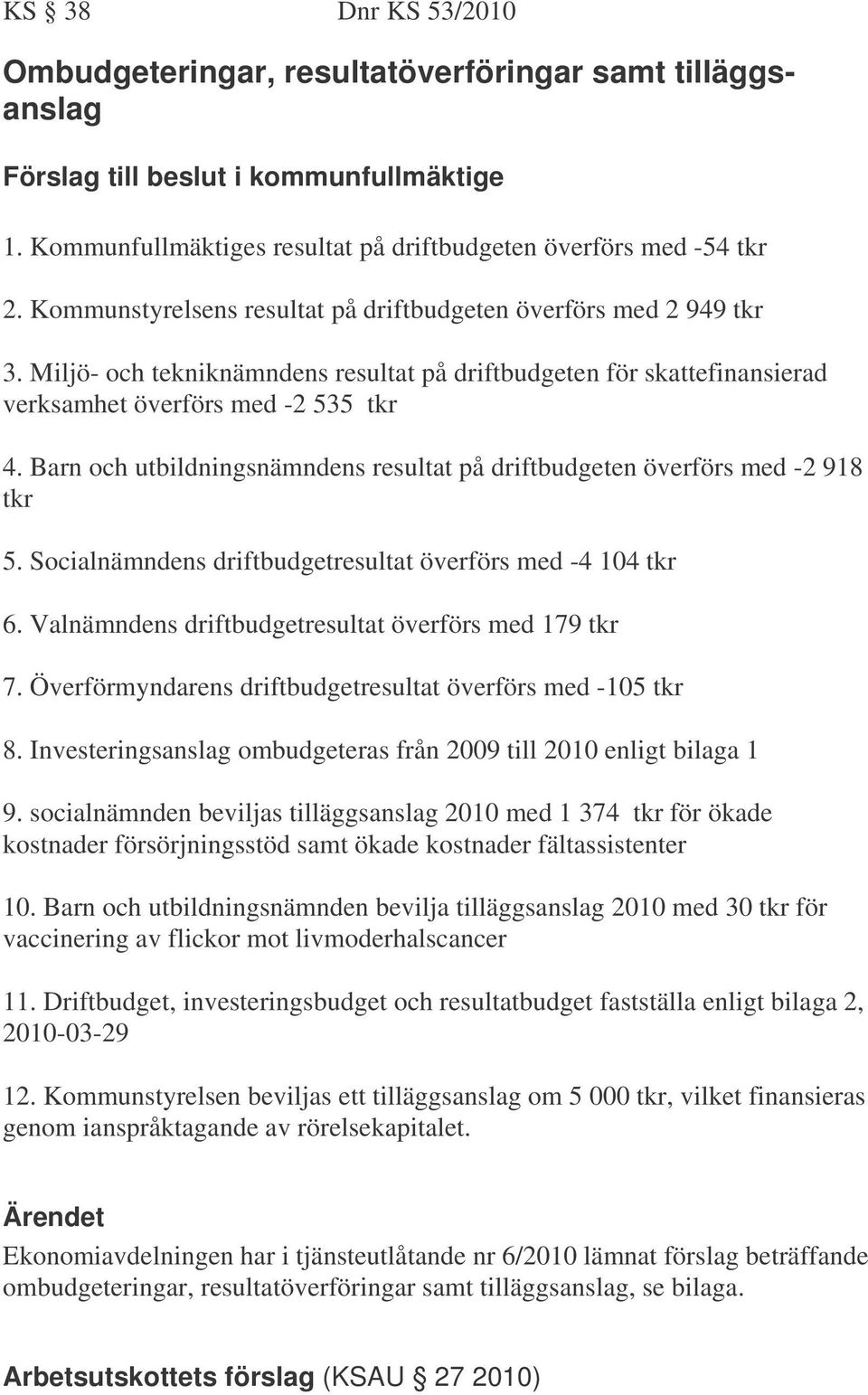 Barn och utbildningsnämndens resultat på driftbudgeten överförs med -2 918 tkr 5. Socialnämndens driftbudgetresultat överförs med -4 104 tkr 6. Valnämndens driftbudgetresultat överförs med 179 tkr 7.