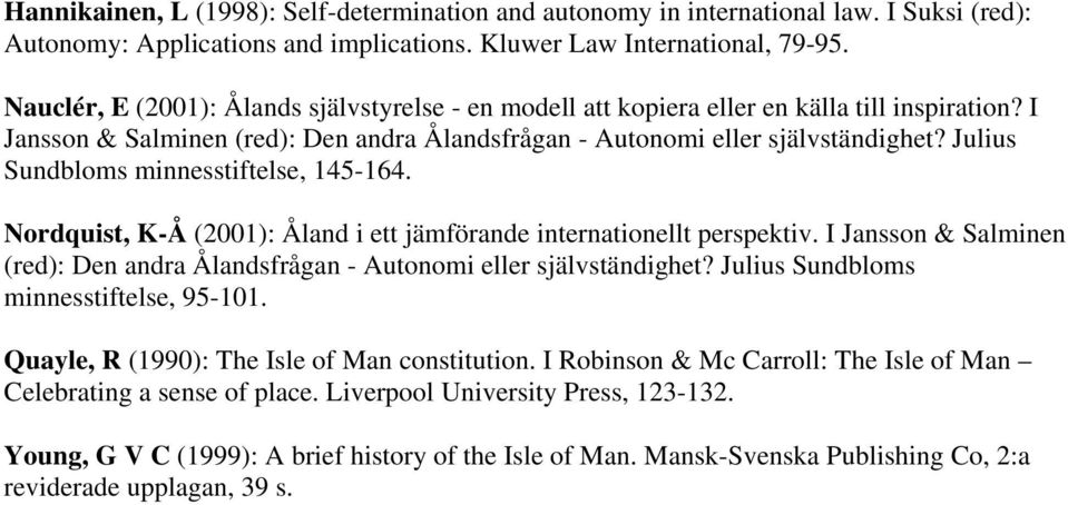 Julius Sundbloms minnesstiftelse, 145-164. Nordquist, K-Å (2001): Åland i ett jämförande internationellt perspektiv.
