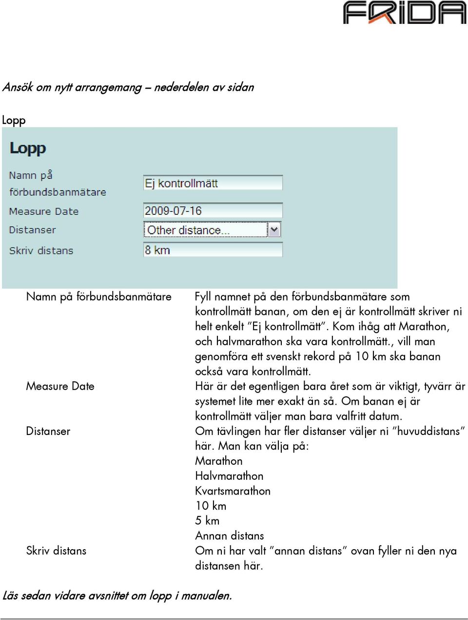 Här är det egentligen bara året som är viktigt, tyvärr är systemet lite mer exakt än så. Om banan ej är kontrollmätt väljer man bara valfritt datum.