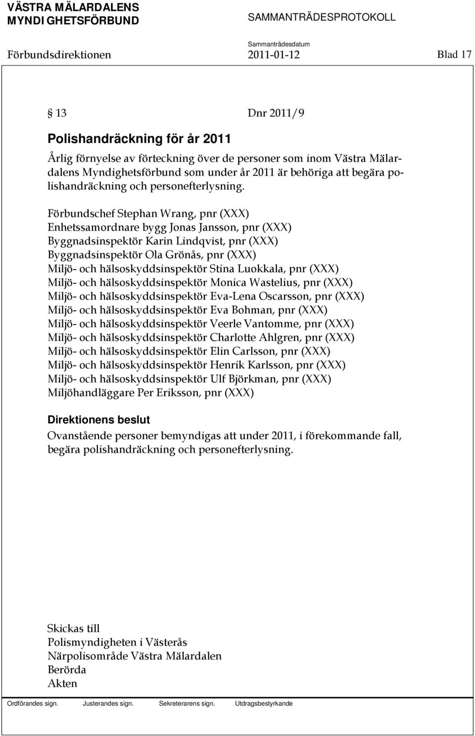 Förbundschef Stephan Wrang, pnr (XXX) Enhetssamordnare bygg Jonas Jansson, pnr (XXX) Byggnadsinspektör Karin Lindqvist, pnr (XXX) Byggnadsinspektör Ola Grönås, pnr (XXX) Miljö- och