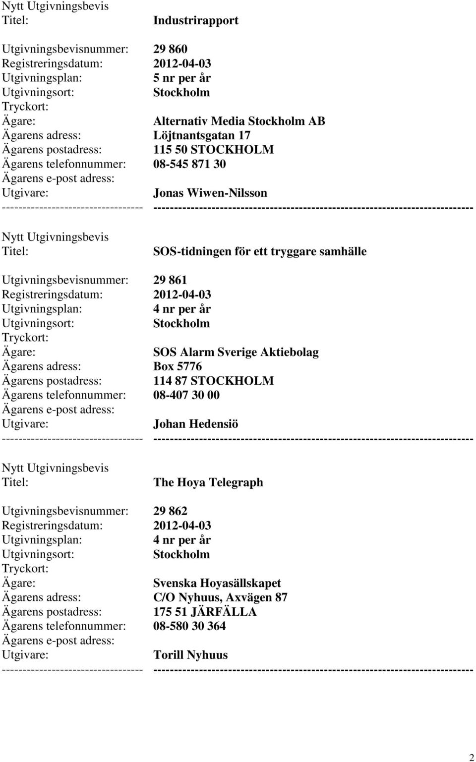 Sverige Aktiebolag Box 5776 114 87 STOCKHOLM 08-407 30 00 Johan Hedensiö The Hoya Telegraph