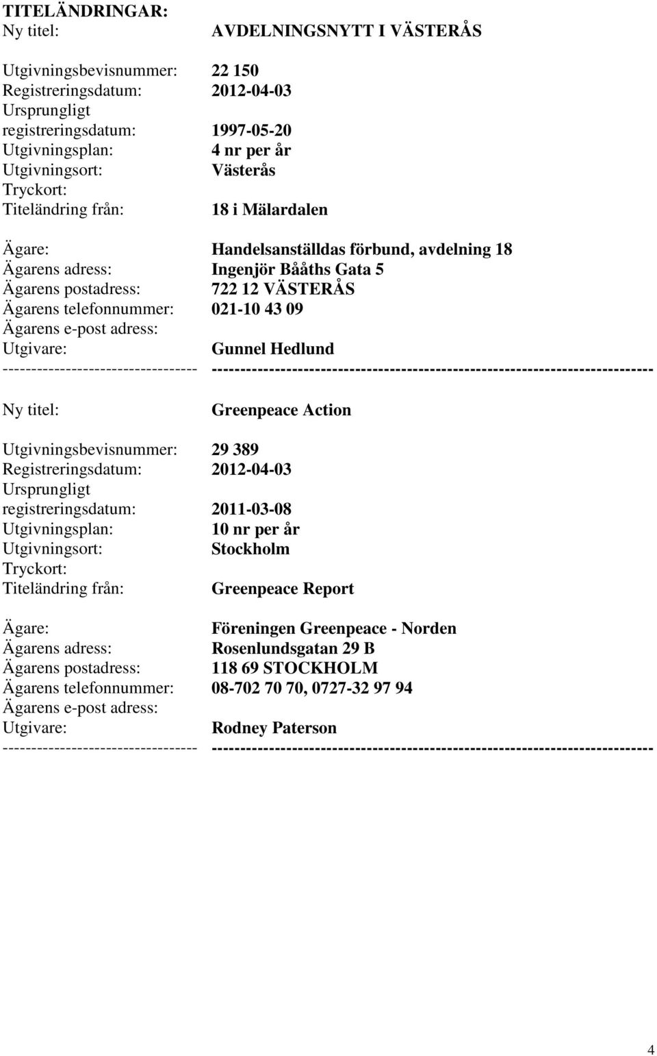 18 Ingenjör Bååths Gata 5 722 12 VÄSTERÅS 021-10 43 09 Gunnel Hedlund Greenpeace Action 29 389 2011-03-08 10 nr per år