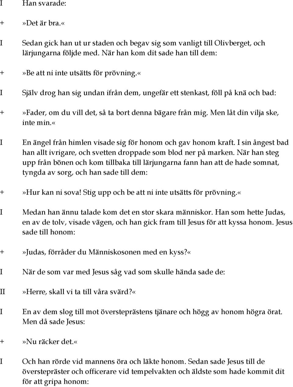 «en ängel från himlen visade sig för honom och gav honom kraft. sin ångest bad han allt ivrigare, och svetten droppade som blod ner på marken.