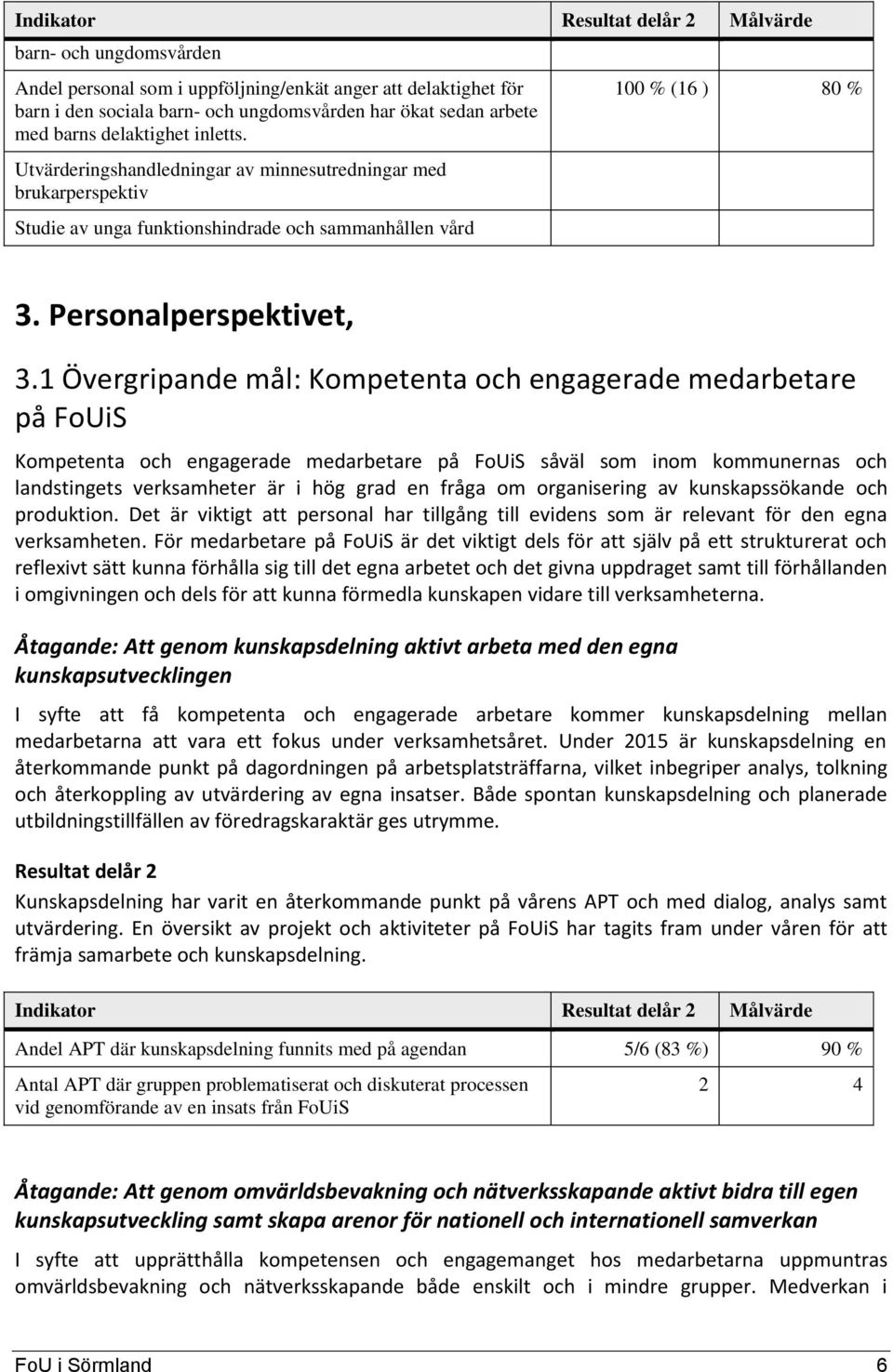 1 Övergripande mål: Kompetenta och engagerade medarbetare på FoUiS Kompetenta och engagerade medarbetare på FoUiS såväl som inom kommunernas och landstingets verksamheter är i hög grad en fråga om