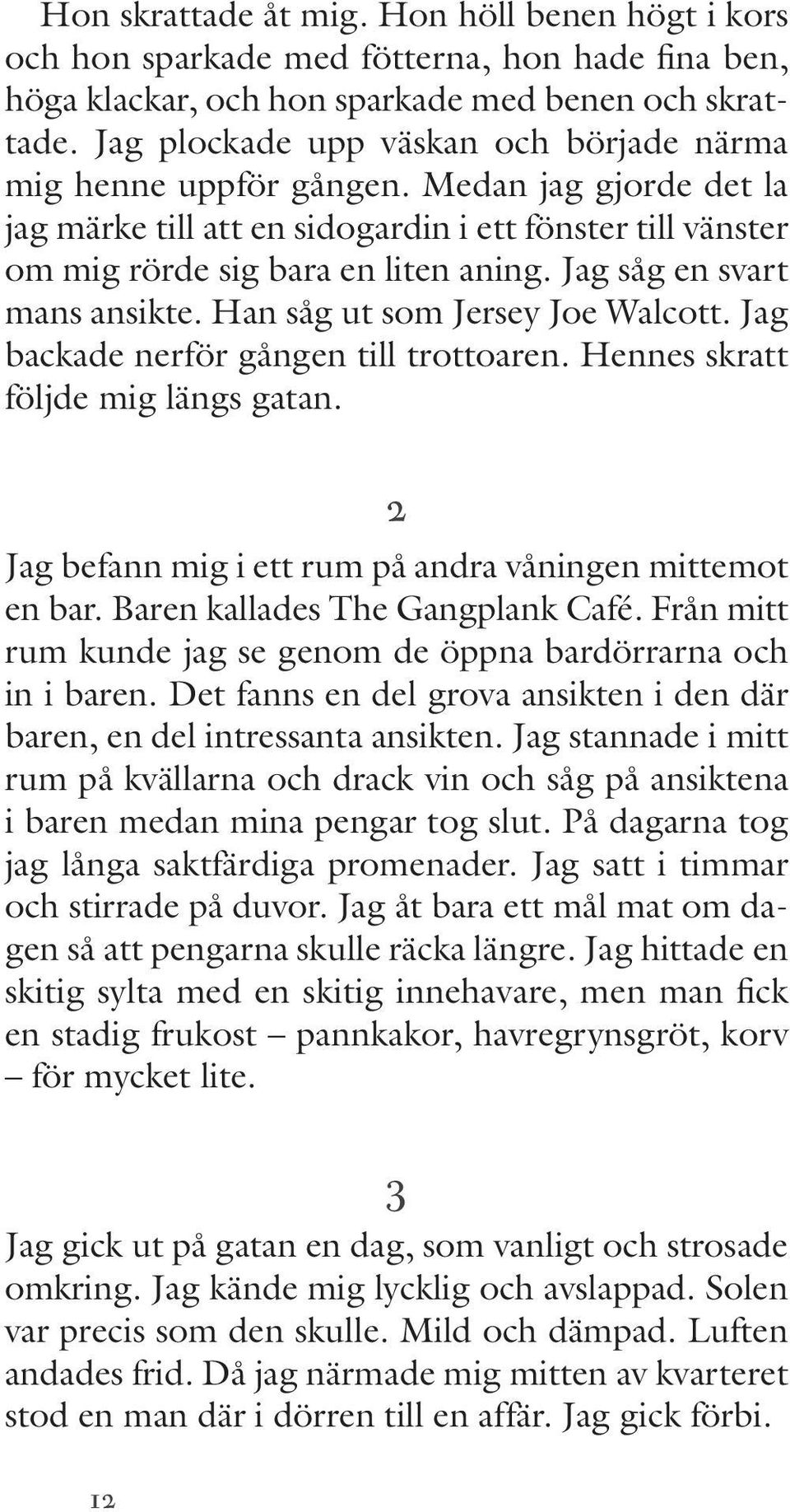 Jag såg en svart mans ansikte. Han såg ut som Jersey Joe Walcott. Jag backade nerför gången till trottoaren. Hennes skratt följde mig längs gatan.