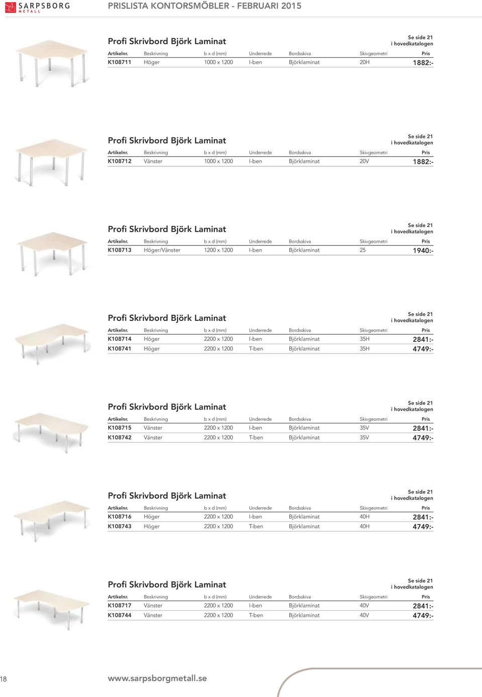 2841:- K108741 Höger 2200 x 1200 T-ben Björklaminat 35H 4749:- Profi Skrivbord Björk Laminat Se side 21 K108715 Vänster 2200 x 1200 I-ben Björklaminat 35V 2841:- K108742 Vänster 2200 x 1200 T-ben