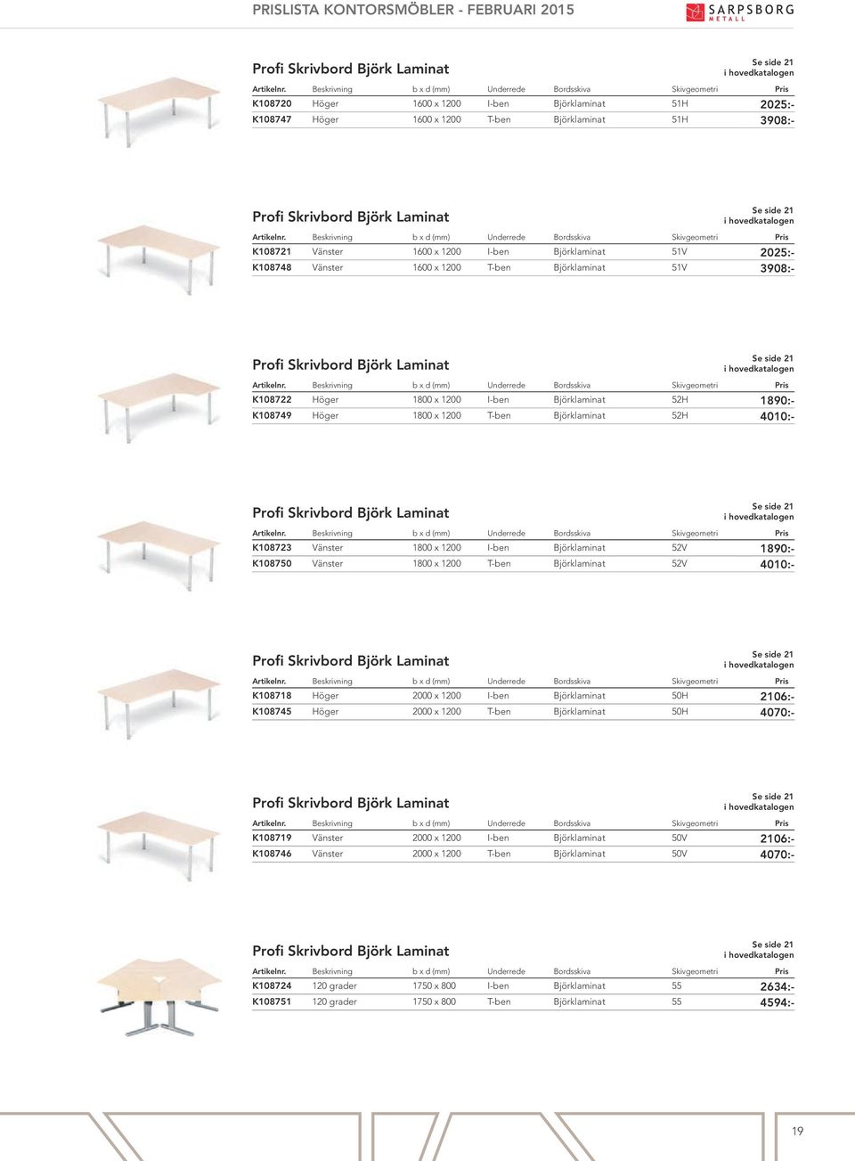 Björklaminat 52H 1890:- K108749 Höger 1800 x 1200 T-ben Björklaminat 52H 4010:- Profi Skrivbord Björk Laminat Se side 21 K108723 Vänster 1800 x 1200 I-ben Björklaminat 52V 1890:- K108750 Vänster 1800