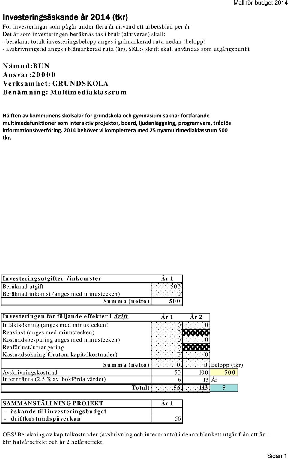 Benämning: Multimediaklassrum Mall för budget 2014 Hälften av kommunens skolsalar för grundskola och gymnasium saknar fortfarande multimedafunktioner som interaktiv projektor, board, ljudanläggning,