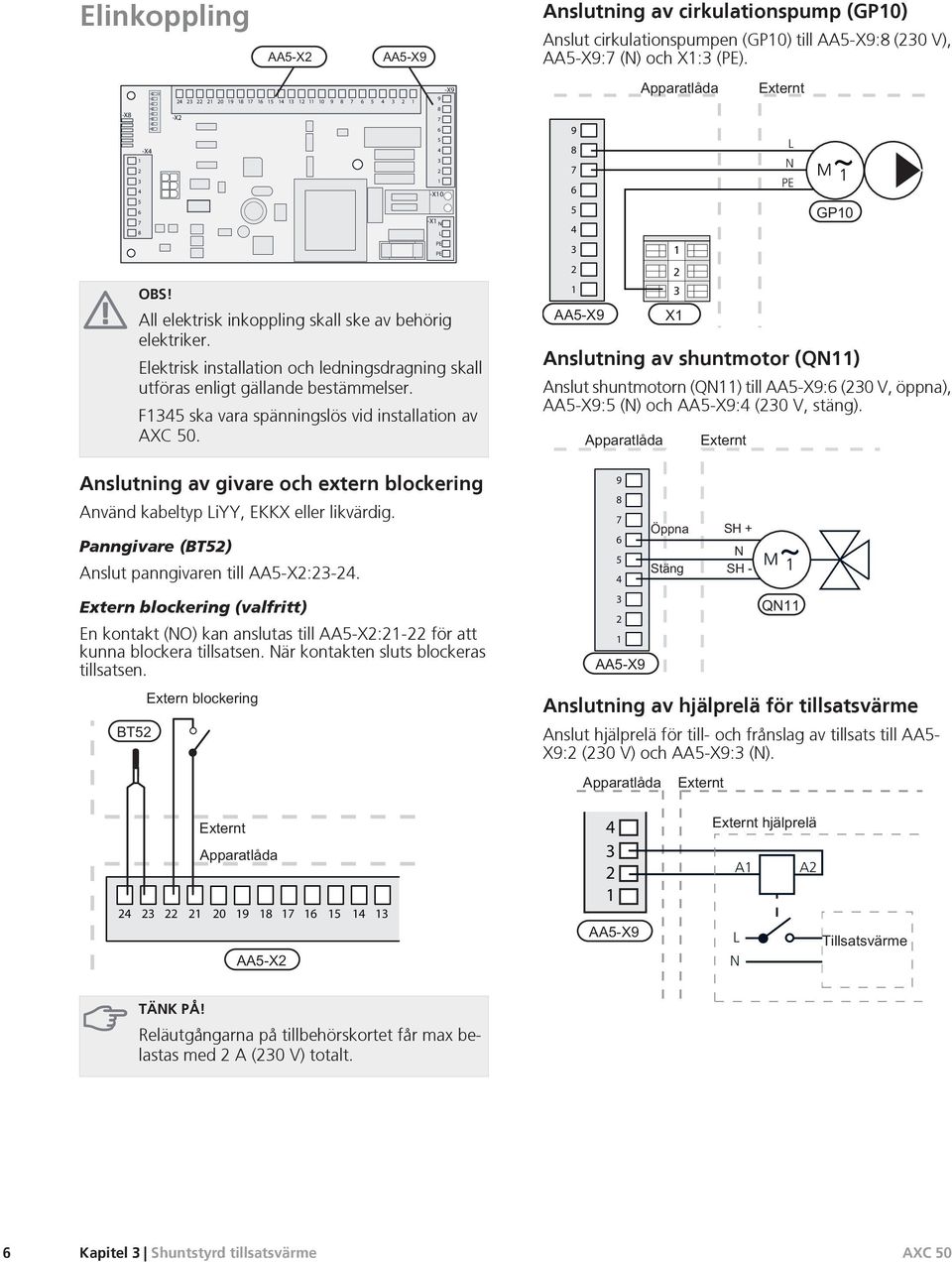 Extern blockering (valfritt) En kontakt (NO) kan anslutas till AA-X:- för att kunna blockera tillsatsen. När kontakten sluts blockeras tillsatsen.