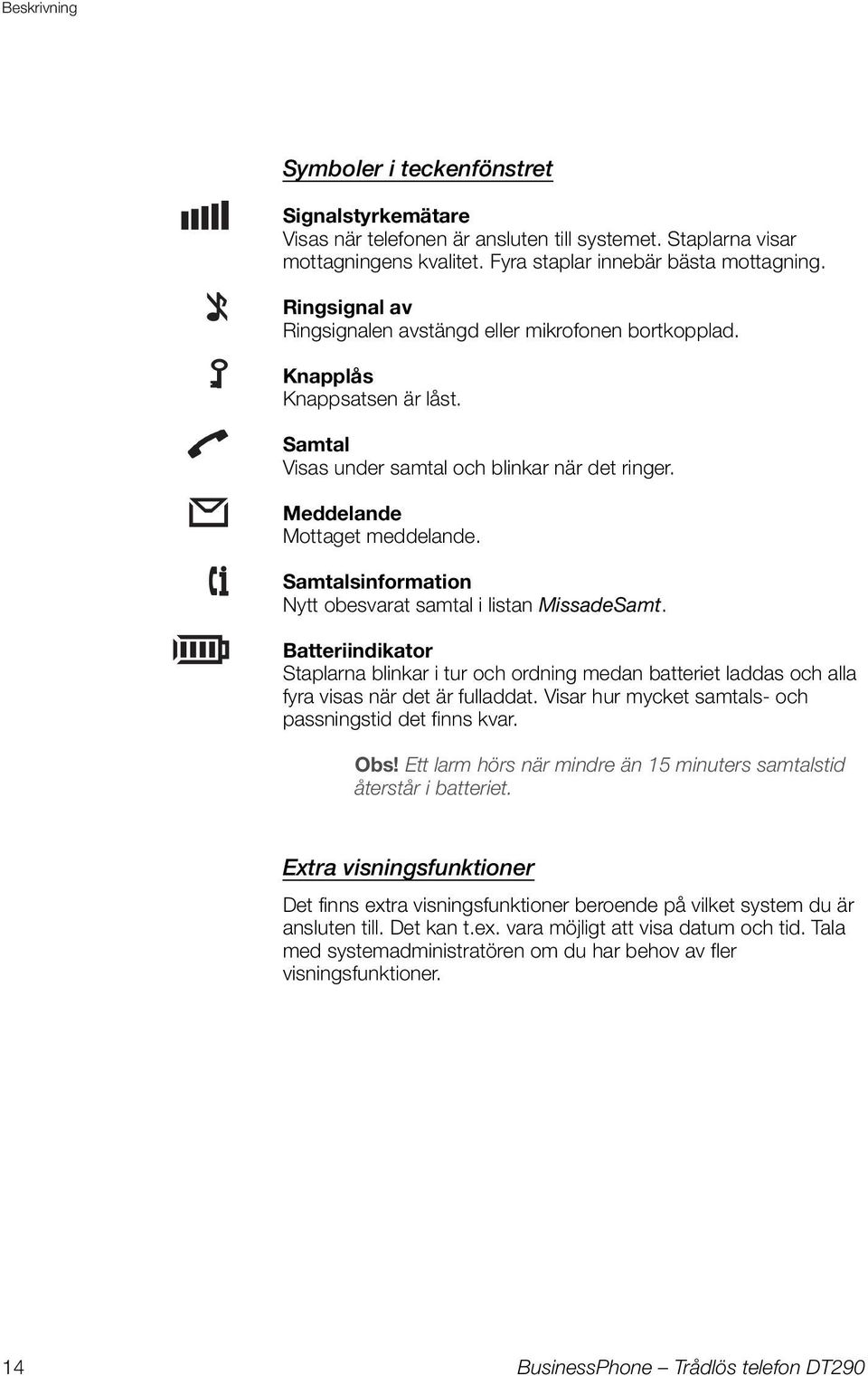 Samtalsinformation Nytt obesvarat samtal i listan MissadeSamt. Batteriindikator Staplarna blinkar i tur och ordning medan batteriet laddas och alla fyra visas när det är fulladdat.