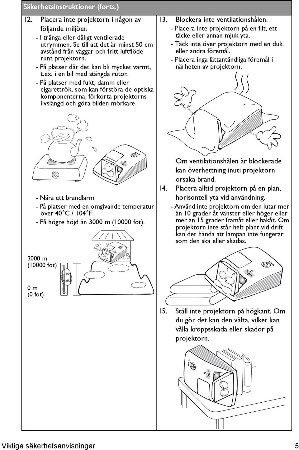 - På platser med fukt, damm eller cigarettrök, som kan förstöra de optiska komponenterna, förkorta projektorns livslängd och göra bilden mörkare. 13. Blockera inte ventilationshålen.