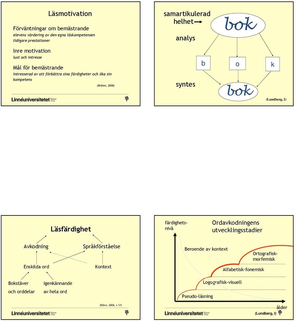 (Lundberg, I) Läsfärdighet färdighetsnivå Ordavkodningens utvecklingsstadier Avkodning Enskilda ord Språkförståelse Kontext Beroende av kontext