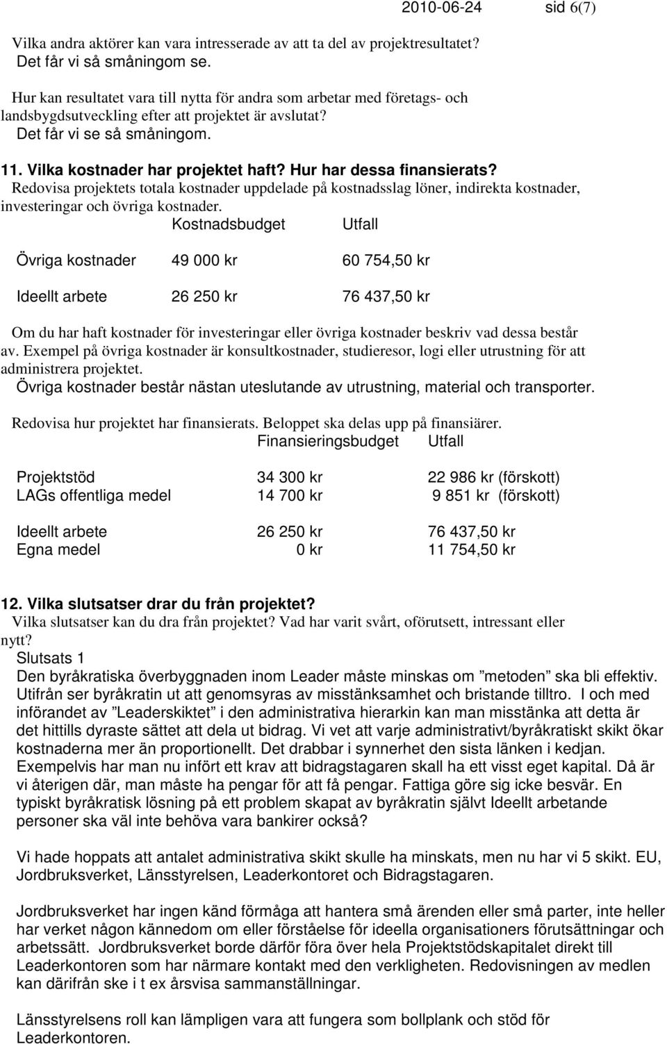 Vilka kostnader har projektet haft? Hur har dessa finansierats? Redovisa projektets totala kostnader uppdelade på kostnadsslag löner, indirekta kostnader, investeringar och övriga kostnader.