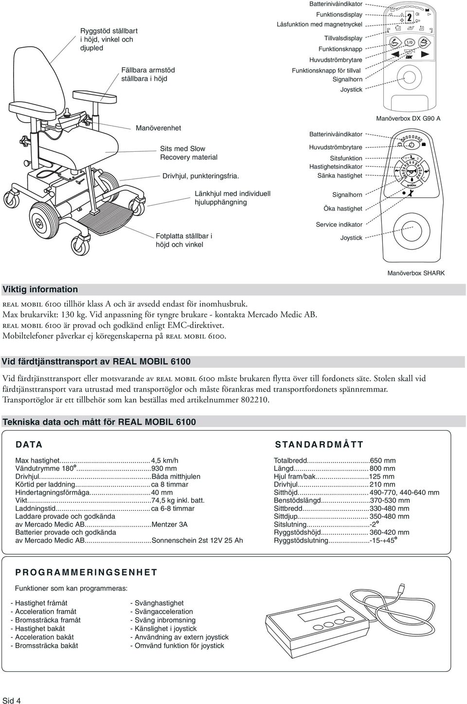 Batterinivåindikator Huvudströmbrytare Sitsfunktion Hastighetsindikator Sänka hastighet Manöverbox DX G90 A Länkhjul med individuell hjulupphängning Signalhorn Öka hastighet Fotplatta ställbar i höjd