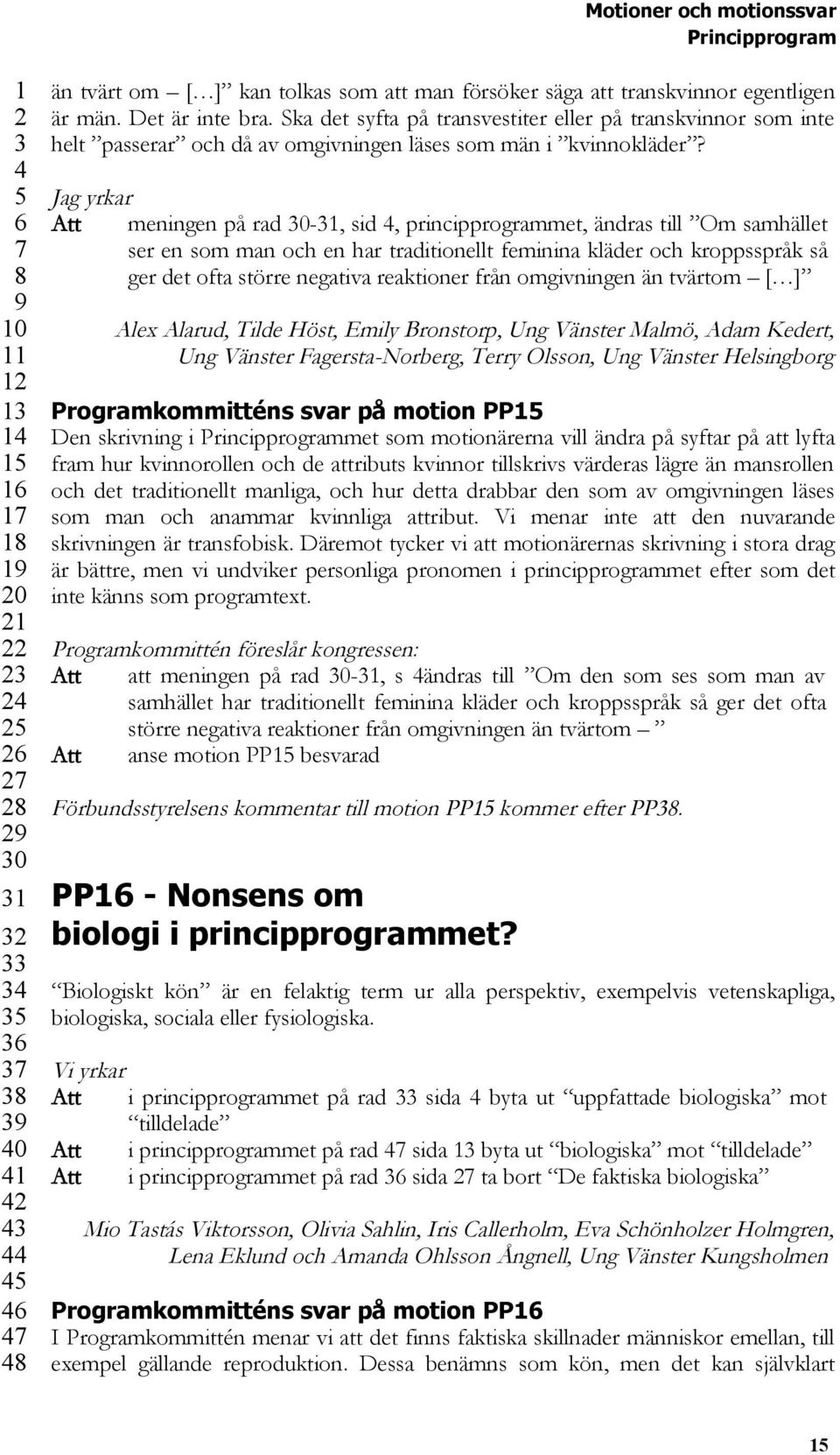 Jag yrkar Att meningen på rad 0-, sid, principprogrammet, ändras till Om samhället ser en som man och en har traditionellt feminina kläder och kroppsspråk så ger det ofta större negativa reaktioner
