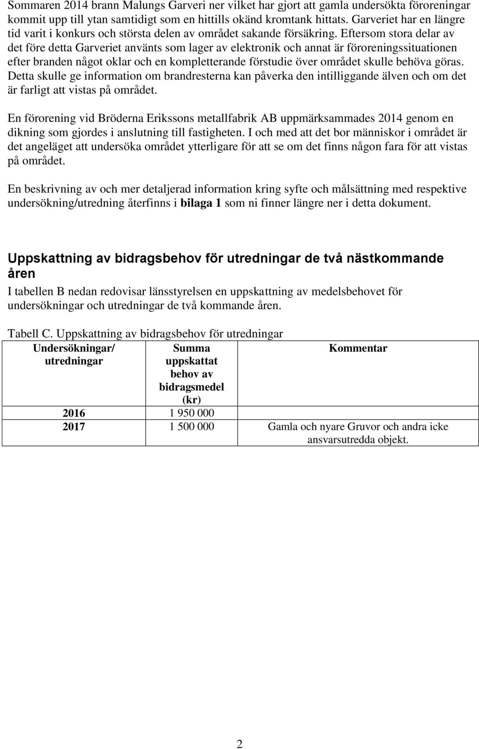 Eftersom stora delar av det före detta Garveriet använts som lager av elektronik och annat är föroreningssituationen efter branden något oklar och en kompletterande förstudie över området skulle