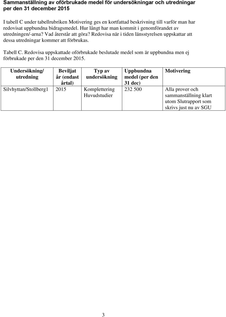 Redovisa när i tiden länsstyrelsen uppskattar att dessa utredningar kommer att förbrukas. Tabell C.