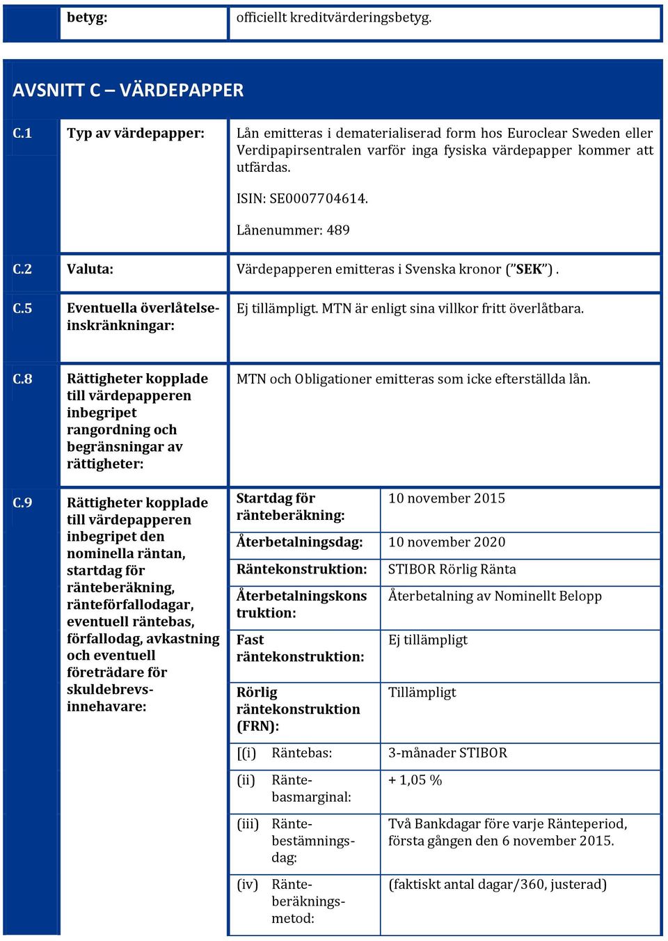 2 Valuta: Värdepapperen emitteras i Svenska kronor ( SEK ). C.