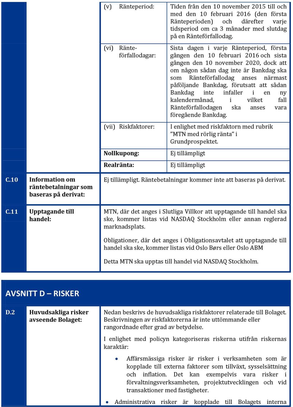 dag inte är Bankdag ska som Ränteförfallodag anses närmast påföljande Bankdag, förutsatt att sådan Bankdag inte infaller i en ny kalendermånad, i vilket fall Ränteförfallodagen ska anses vara