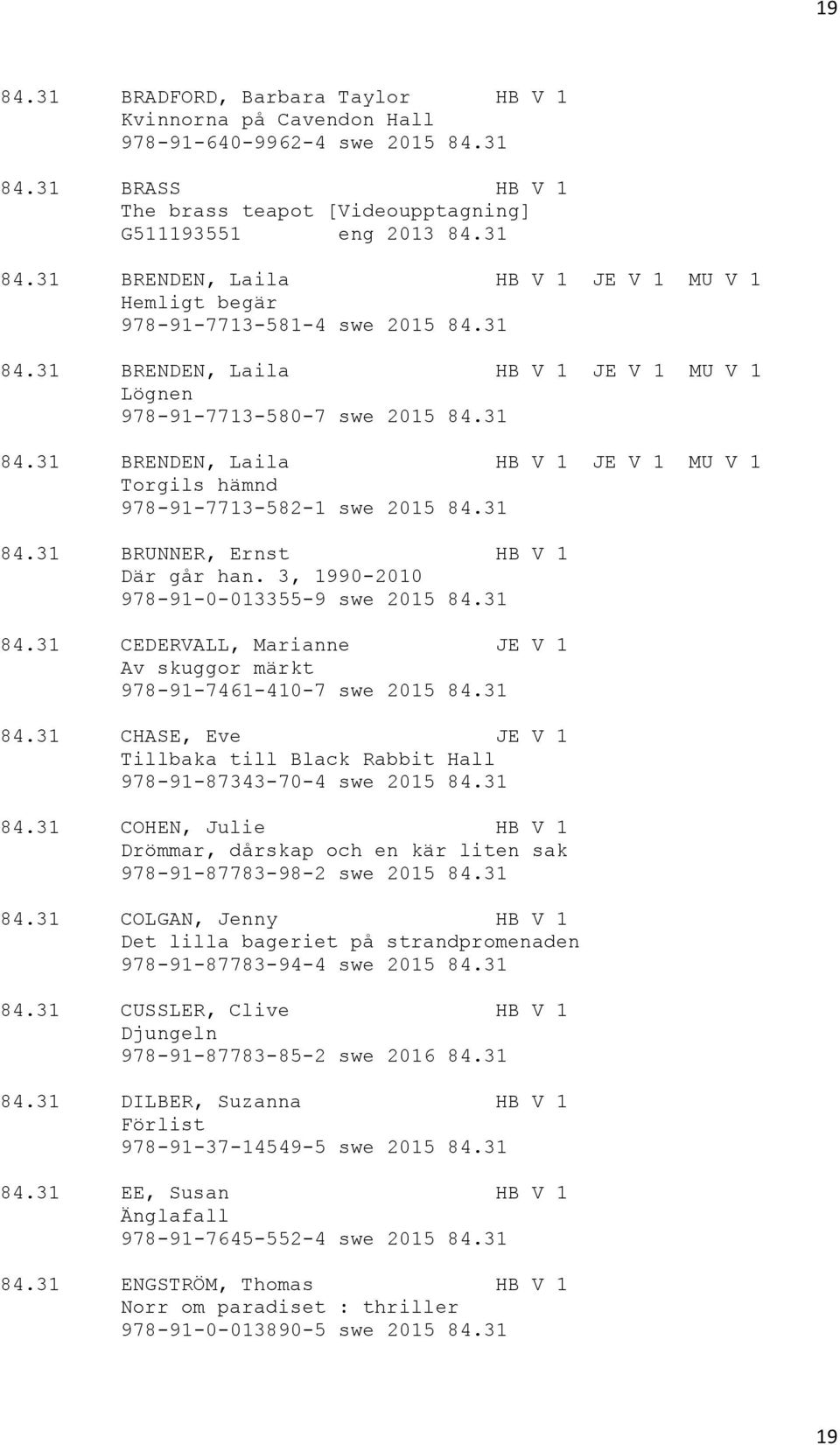 3, 1990-2010 978-91-0-013355-9 swe 2015 84.31 84.31 CEDERVALL, Marianne JE V 1 Av skuggor märkt 978-91-7461-410-7 swe 2015 84.31 84.31 CHASE, Eve JE V 1 Tillbaka till Black Rabbit Hall 978-91-87343-70-4 swe 2015 84.