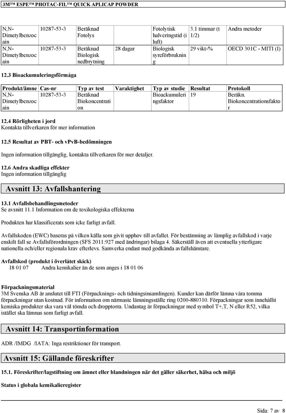 3 Bioackumuleringsförmåga Produkt/ämne Cas-nr Typ av test Varaktighet Typ av studie Resultat Protokoll N,N- Dimetylbenzoc ain 10287-53-3 Beräknad Biokoncentrati on Bioackumuleri ngsfaktor 19 Beräkn.