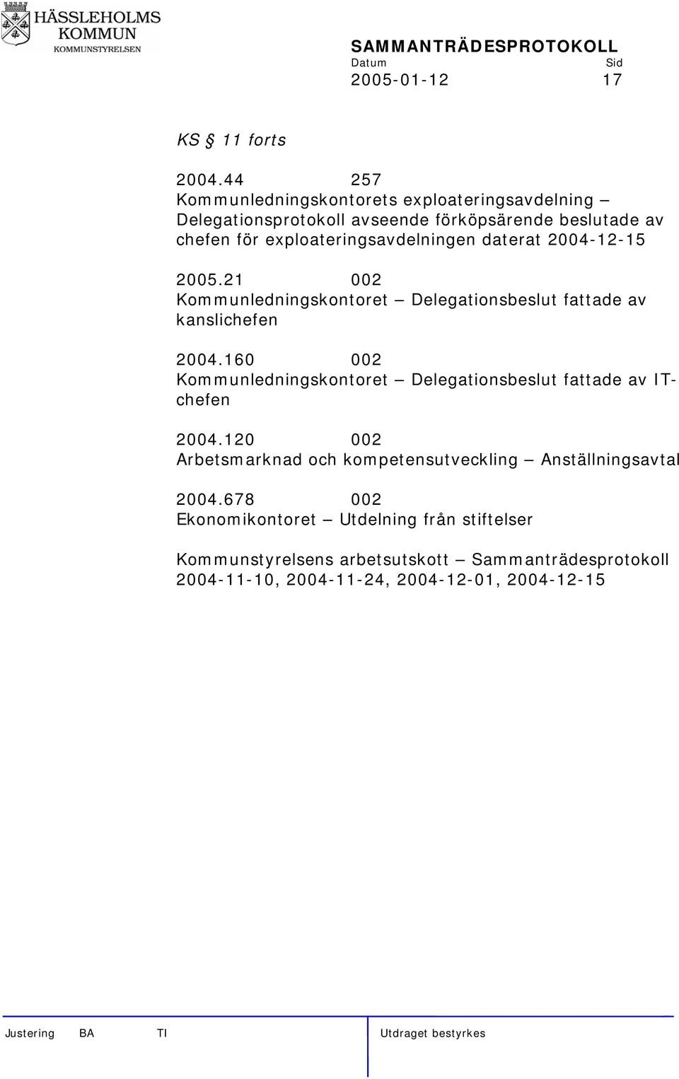 exploateringsavdelningen daterat 2004-12-15 2005.21 002 Kommunledningskontoret Delegationsbeslut fattade av kanslichefen 2004.