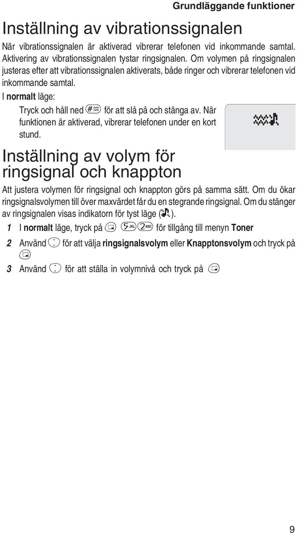 I normalt läge: Tryck och håll ned # för att slå på och stänga av. När funktionen är aktiverad, vibrerar telefonen under en kort stund.