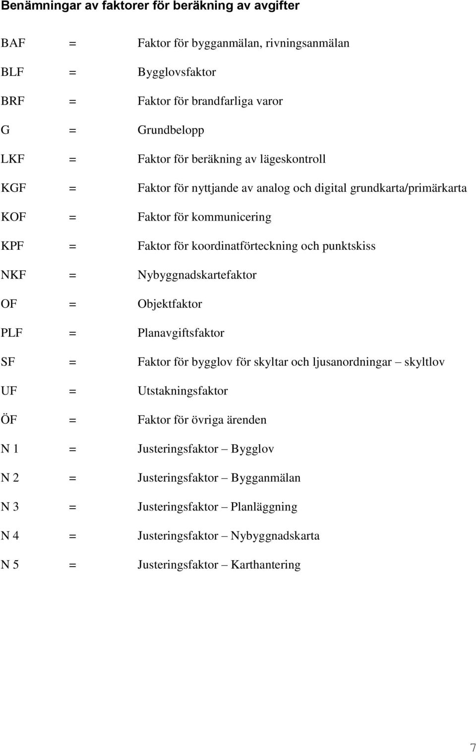 punktskiss NKF = Nybyggnadskartefaktor OF = Objektfaktor PLF = Planavgiftsfaktor SF = Faktor för bygglov för skyltar och ljusanordningar skyltlov UF = Utstakningsfaktor ÖF = Faktor för