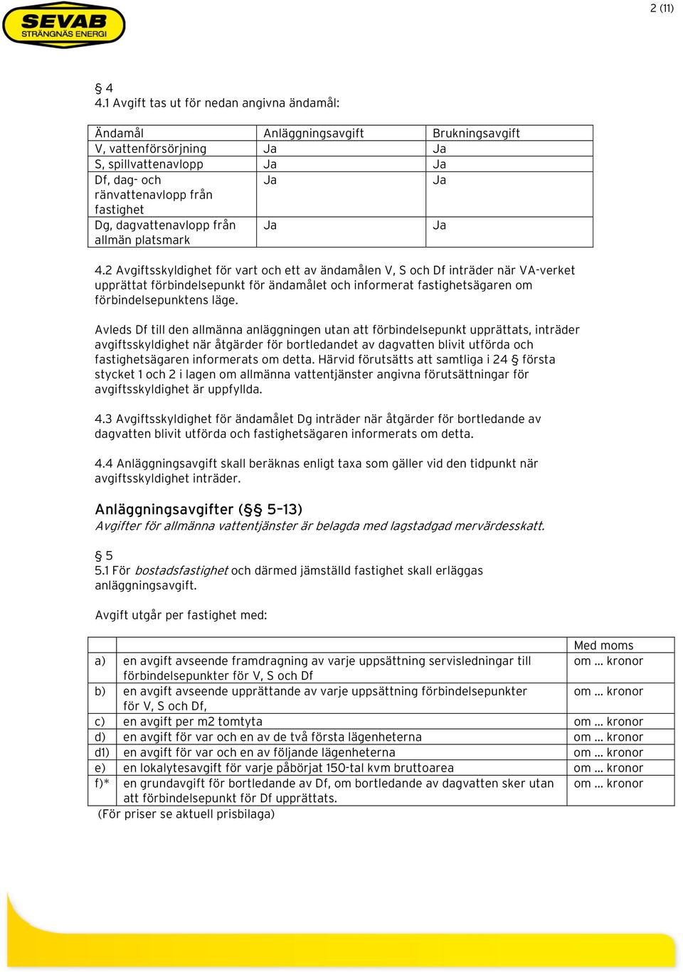 dagvattenavlopp från allmän platsmark Ja Ja 4.