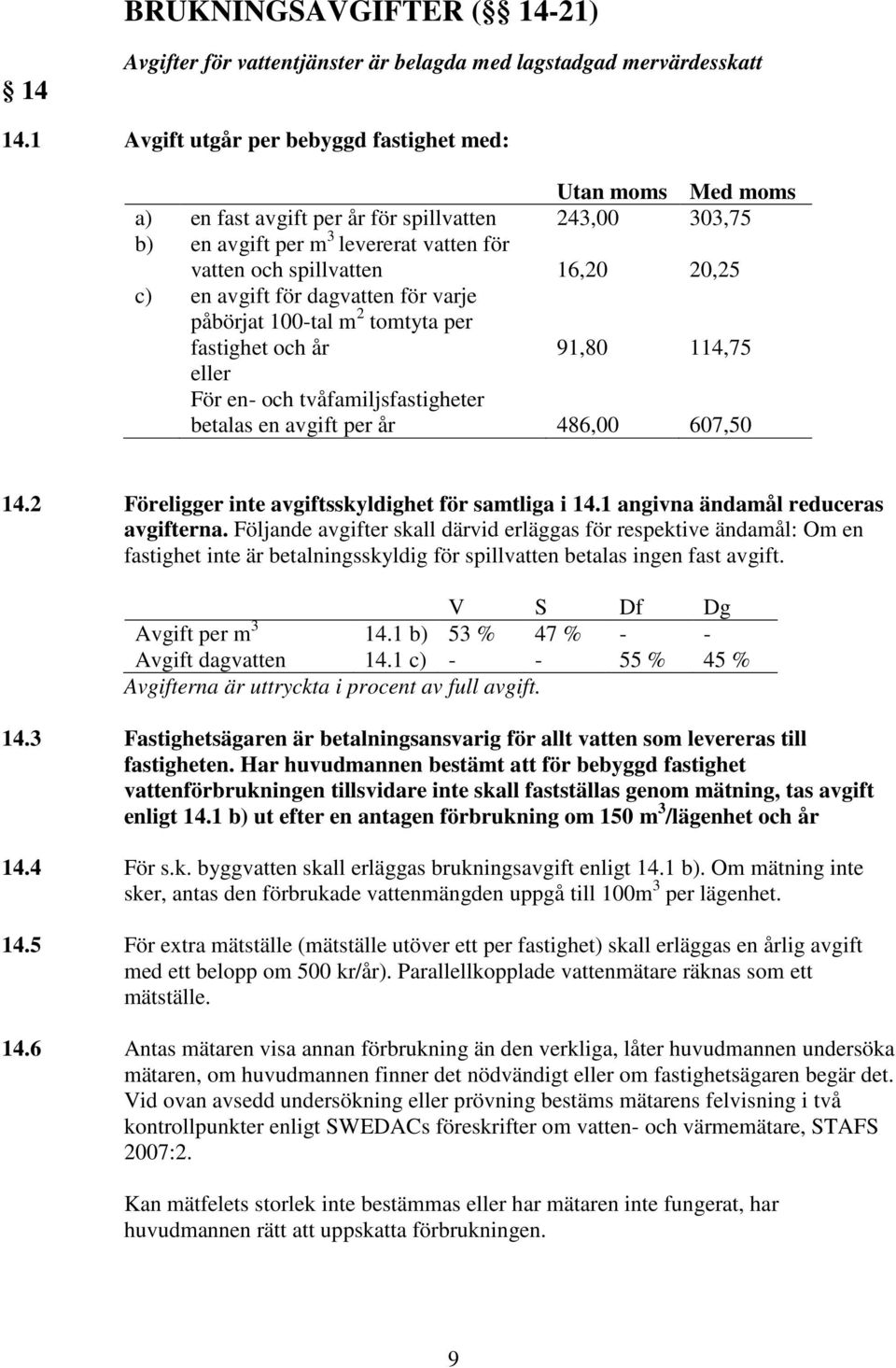 avgift för dagvatten för varje påbörjat 100-tal m 2 tomtyta per fastighet och år 91,80 114,75 eller För en- och tvåfamiljsfastigheter betalas en avgift per år 486,00 607,50 14.