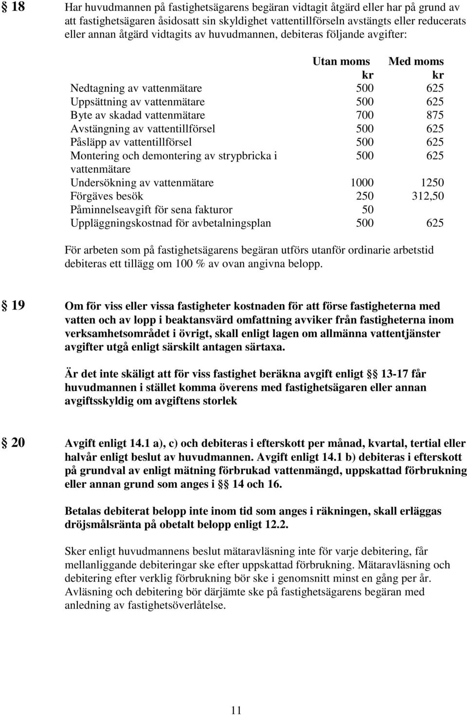 av vattentillförsel 500 625 Påsläpp av vattentillförsel 500 625 Montering och demontering av strypbricka i 500 625 vattenmätare Undersökning av vattenmätare 1000 1250 Förgäves besök 250 312,50