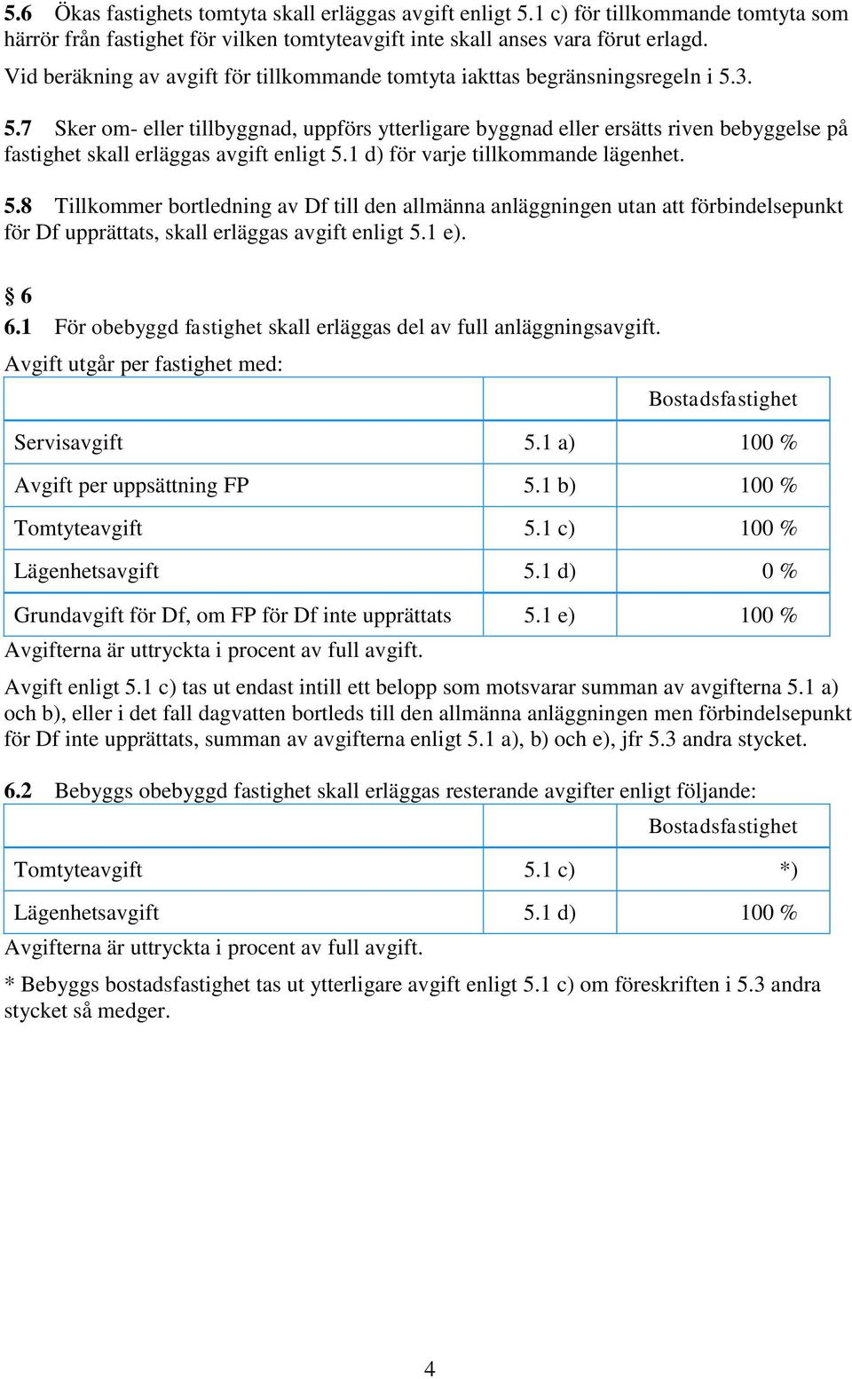 3. 5.7 Sker om- eller tillbyggnad, uppförs ytterligare byggnad eller ersätts riven bebyggelse på fastighet skall erläggas avgift enligt 5.1 d) för varje tillkommande lägenhet. 5.8 Tillkommer bortledning av Df till den allmänna anläggningen utan att förbindelsepunkt för Df upprättats, skall erläggas avgift enligt 5.