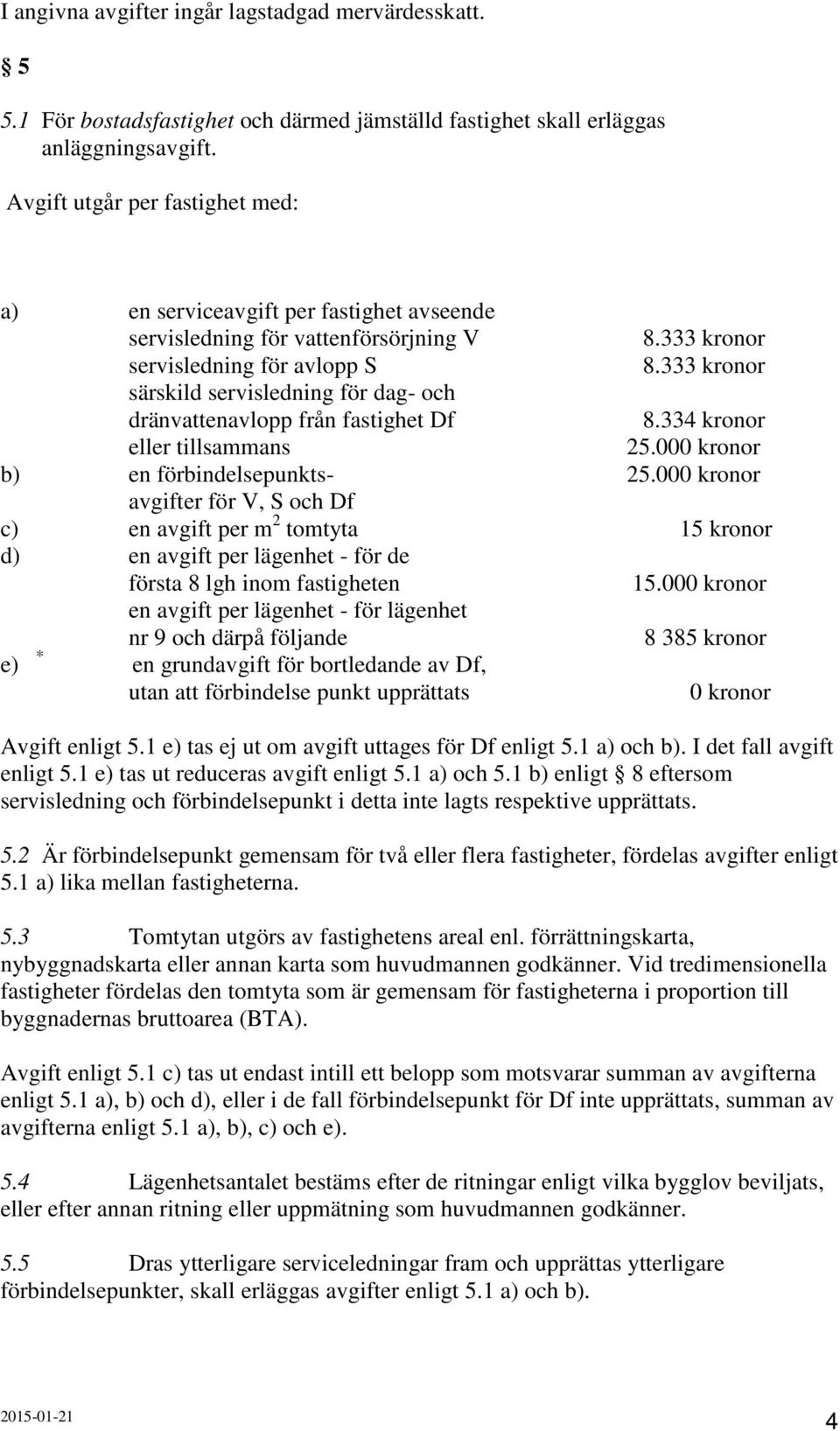 333 kronor särskild servisledning för dag- och dränvattenavlopp från fastighet Df 8.334 kronor eller tillsammans 25.000 kronor b) en förbindelsepunkts- 25.