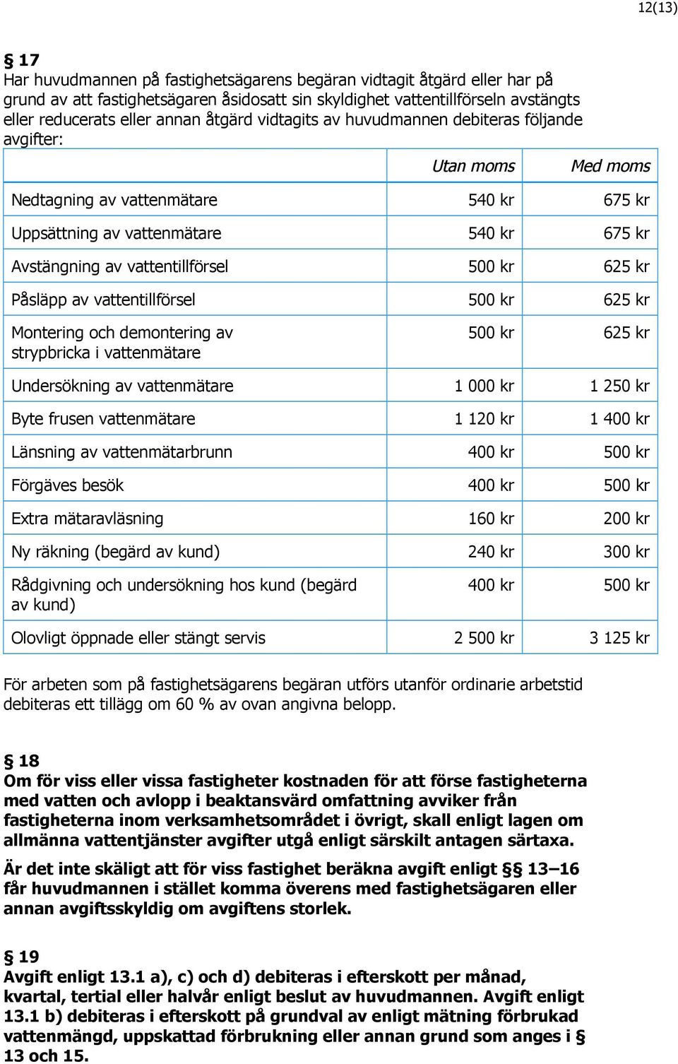 kr 625 kr Påsläpp av vattentillförsel 500 kr 625 kr Montering och demontering av strypbricka i vattenmätare 500 kr 625 kr Undersökning av vattenmätare 1 000 kr 1 250 kr Byte frusen vattenmätare 1 120