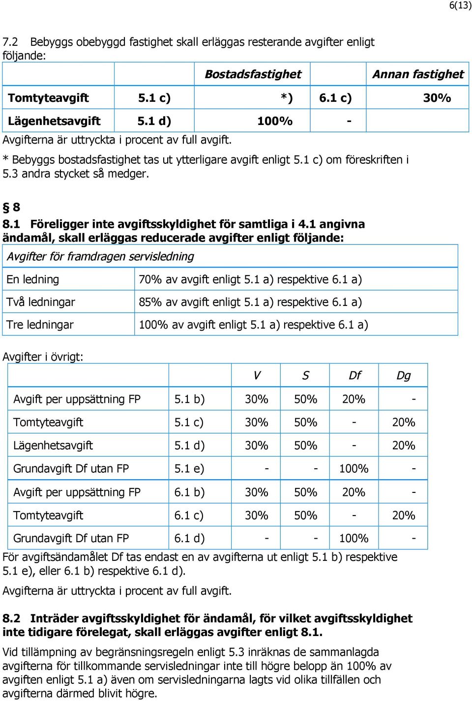 1 Föreligger inte avgiftsskyldighet för samtliga i 4.1 angivna ändamål, skall erläggas reducerade avgifter enligt följande: Avgifter för framdragen servisledning En ledning 70% av avgift enligt 5.